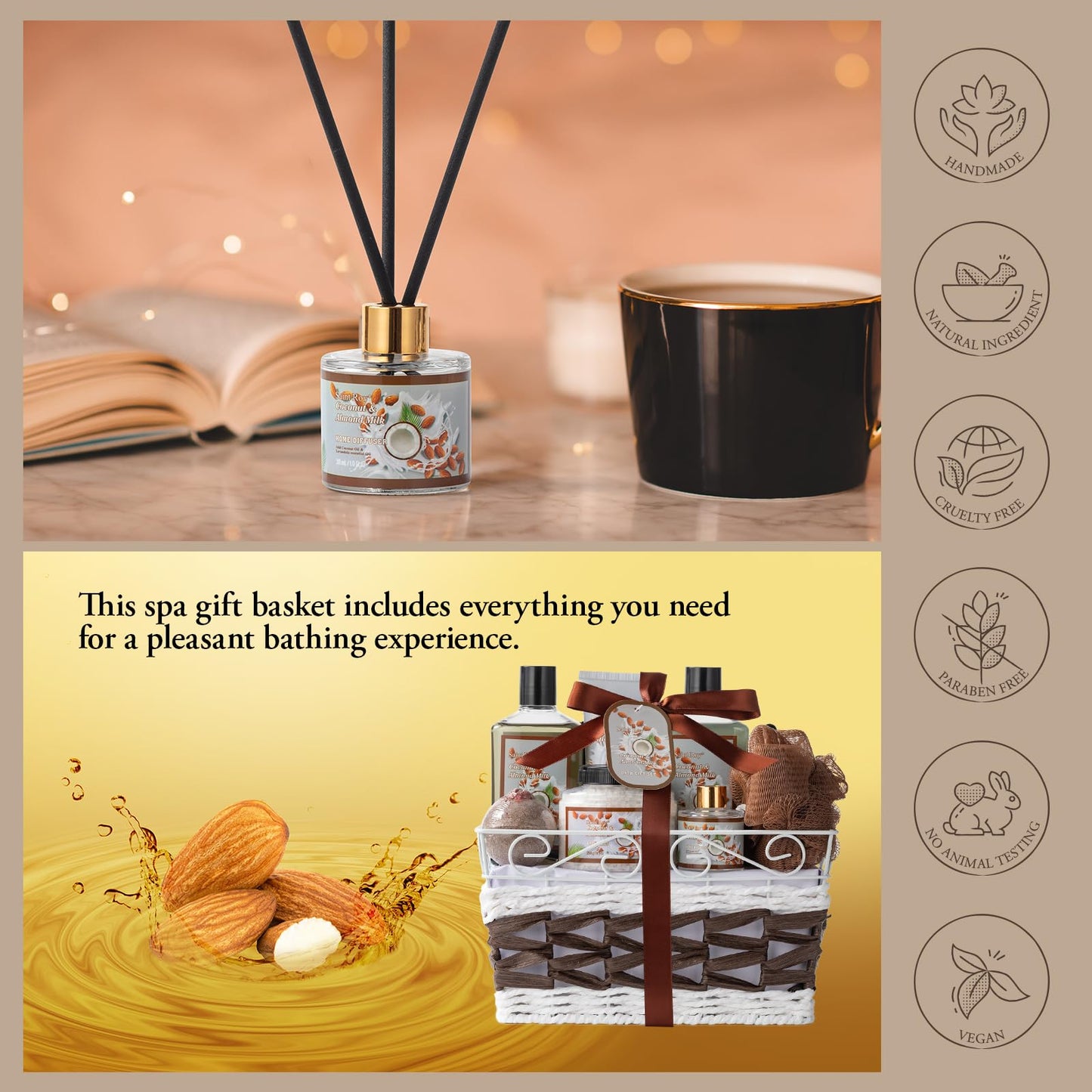 Fathers Day Gifts for Dad, Coconut Almond spa kit, Bath and Body Gift Basket for Women & Men Spa Gift Basket,Large Bath Gift Set With Fragrant Lotion, Home Spa Kit, Self-Care Gift, Diffuser