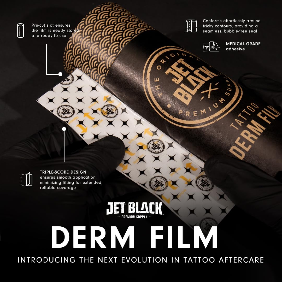Jet Black Derm Film Tattoo Aftercare Wrap (6" x 8 yd) – Breathable Waterproof Adhesive Bandage with Triple-Score Backing, Easy-Dispense Tube, Hypoallergenic Tattoo Healing Film