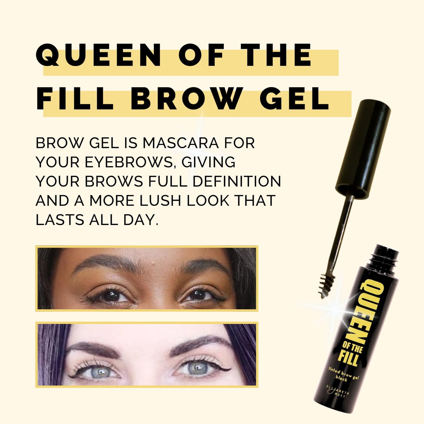 Elizabeth Mott Queen of the Fill Tinted Eyebrow Gel – Brow Filler, Volumizer & Setter – Defines, Shapes & Covers Gray Hairs – Water-Resistant, Long-Lasting – Cruelty-Free – Dark Medium Brown 4g