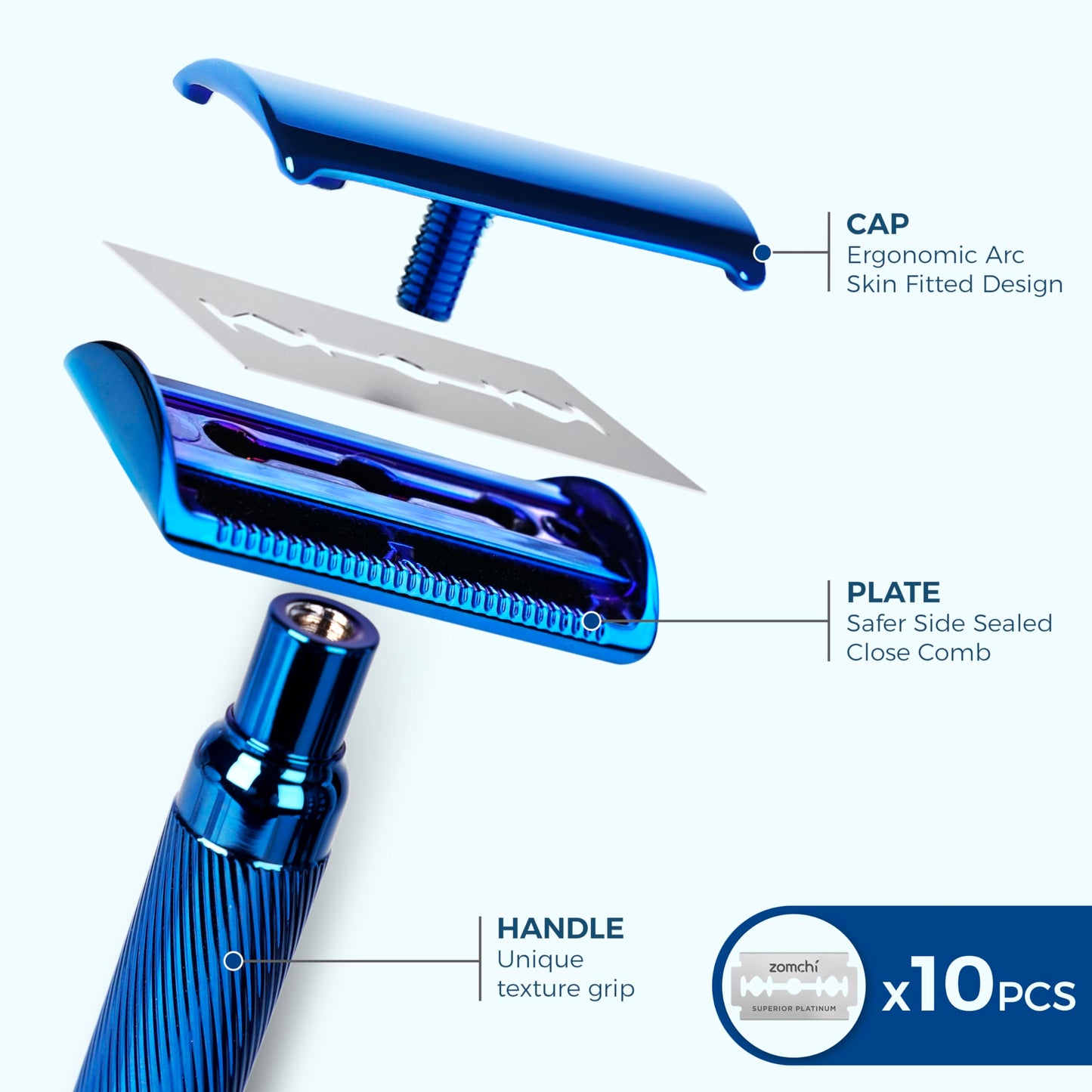 ZOMCHI Double Edge Safety Razor for Men & Women, [New Version 2.0 ] Metal Razor with 10 Double Edge Safety Razor Blades, Single Blade Razor – Noble Blue