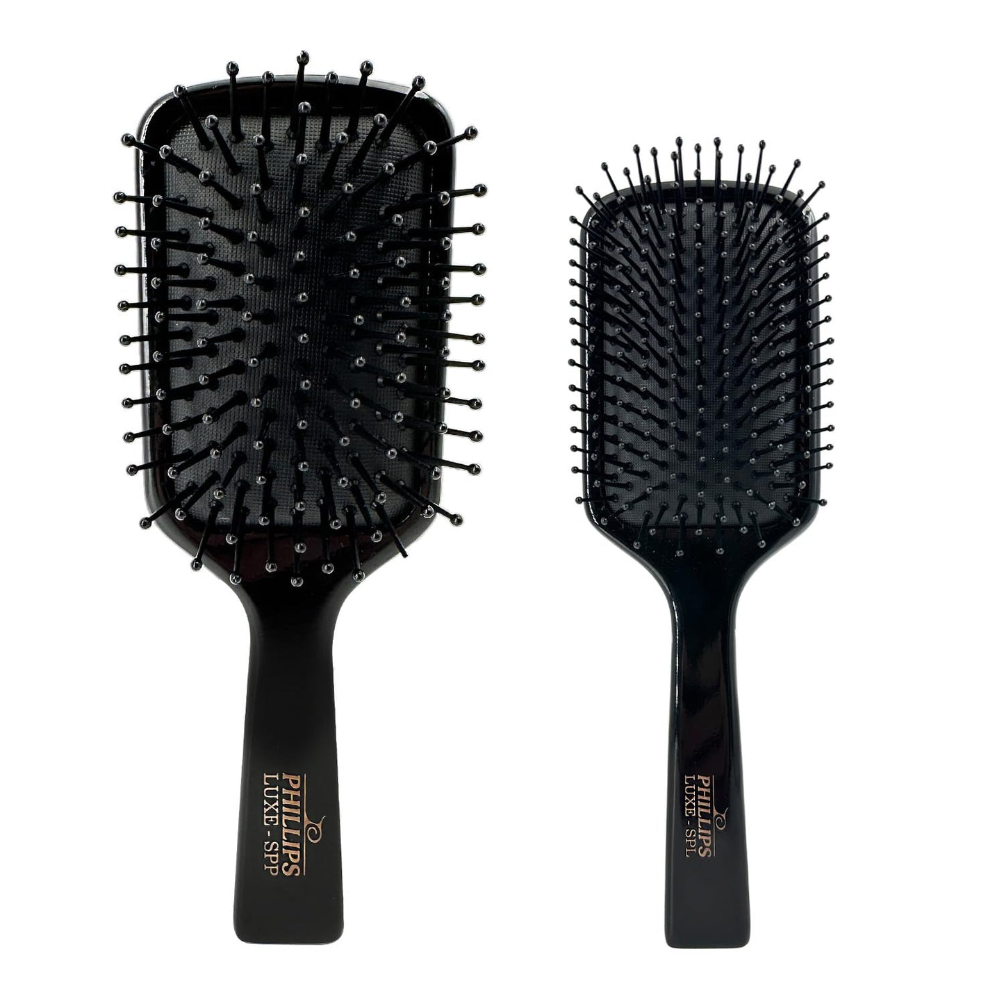 Phillips Luxe Series Square Paddle Hairbrush Combo Pack - Full-Sized 9.25" & 7" Travel Detangler | Sleek Black with Gold Accents
