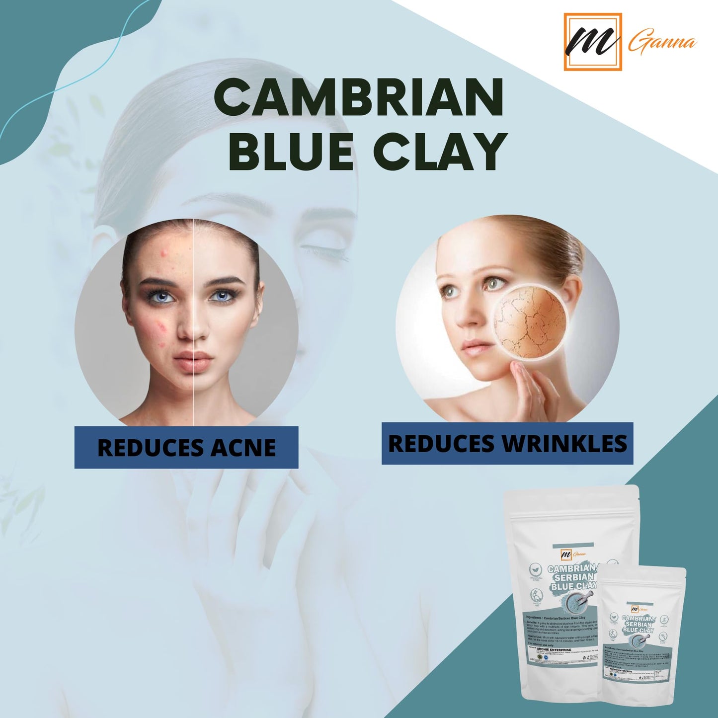 mGanna Cambrian/Serbian Blue Clay 2lbs / 908g for Facial Masks, Creams, Body Wraps, Soft Peels, Scrubs and Soap Making