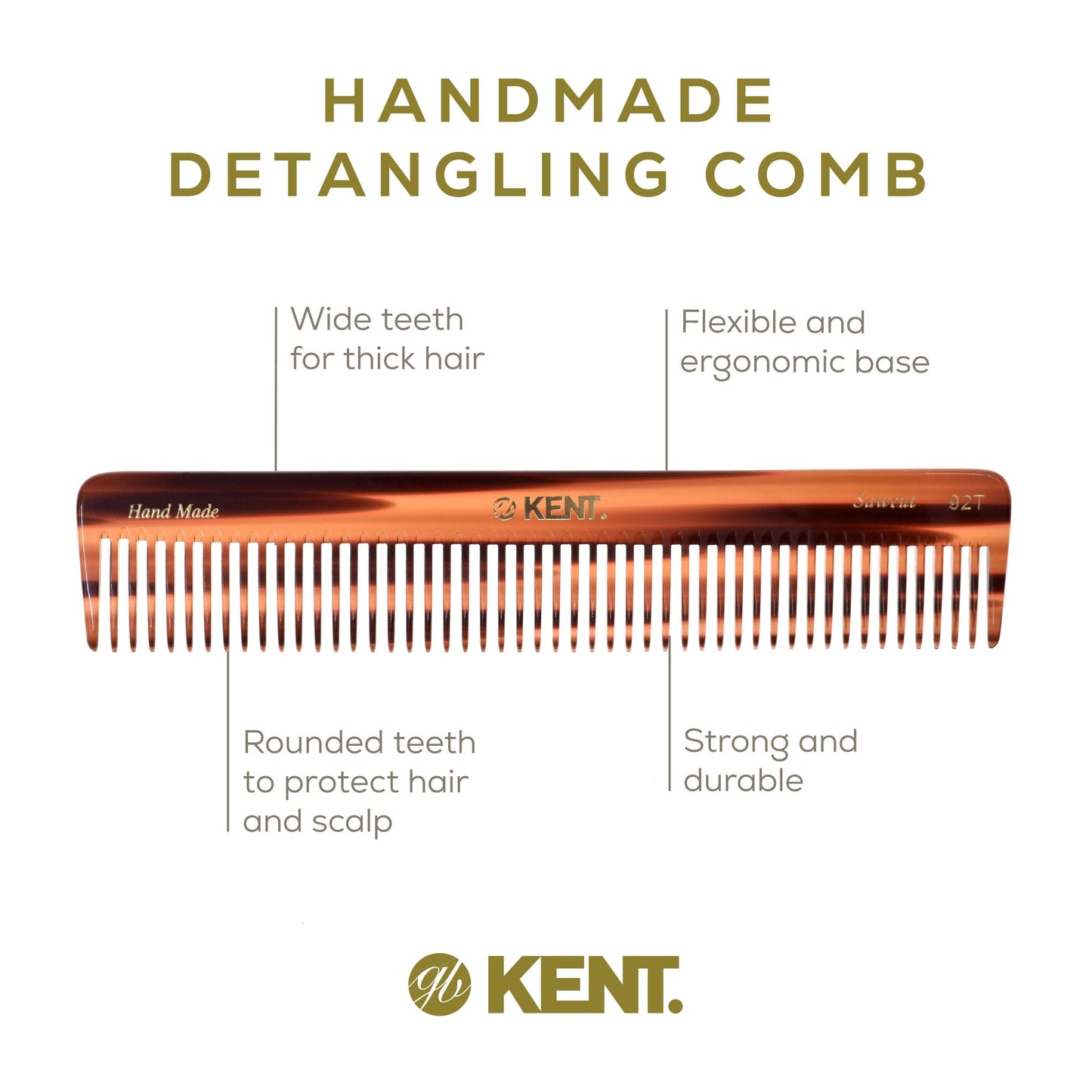 Kent 92T Tortoise Wide Tooth Detangler Combs for Men and Women, Hair Comb for Curly and Wavy Hair and Wet or Dry, Large Wide Tooth Dressing Comb, Handmade, Saw-Cut, Hand polished, Made in England