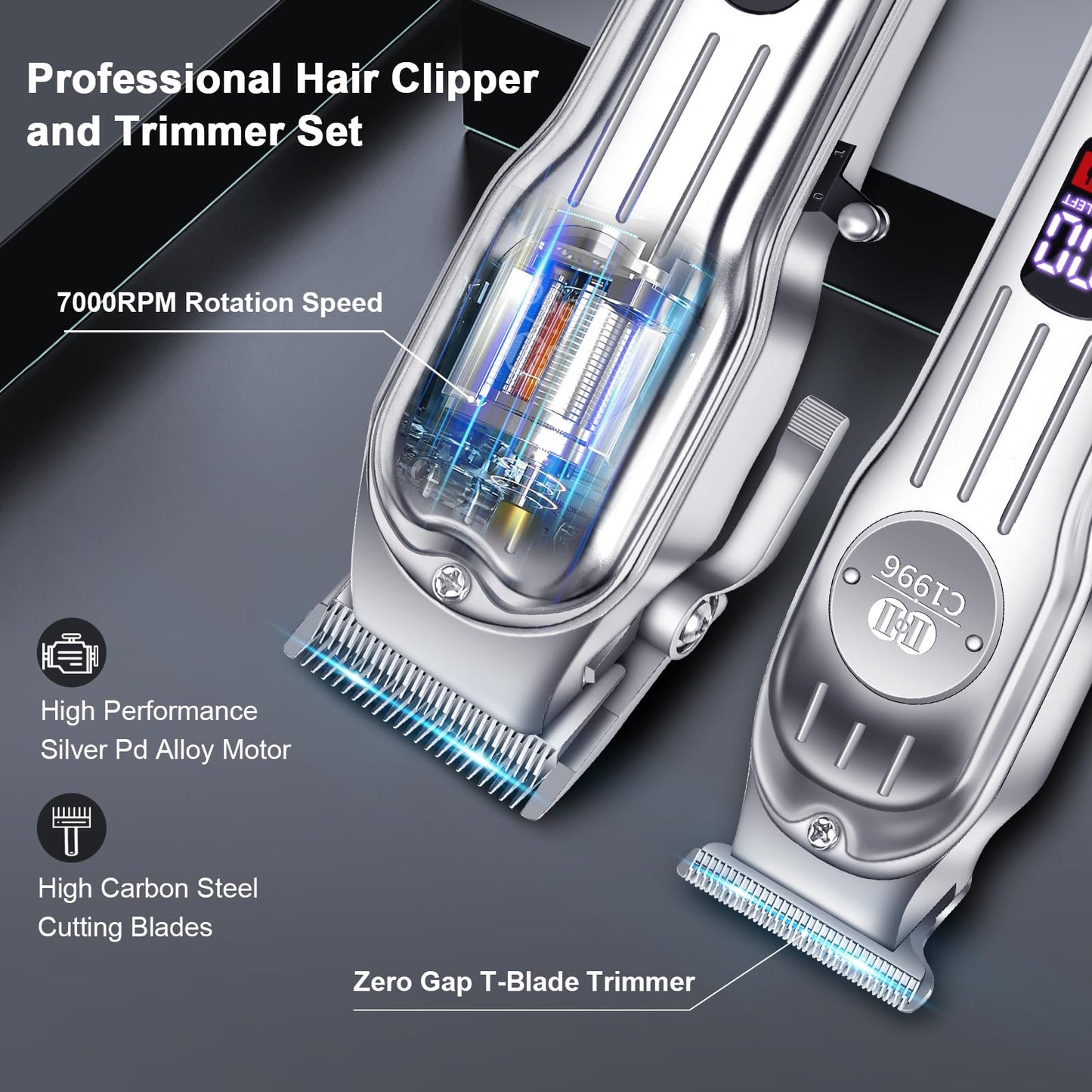 CIICII Hair Clippers for Men Professional, Cordless Barber Clippers for Hair Cutting (12Pcs Rechargeable USB Adjustable LCD Display Hair Beard Grooming Trimming Haircut Kit) for DIY Home Barber Salon