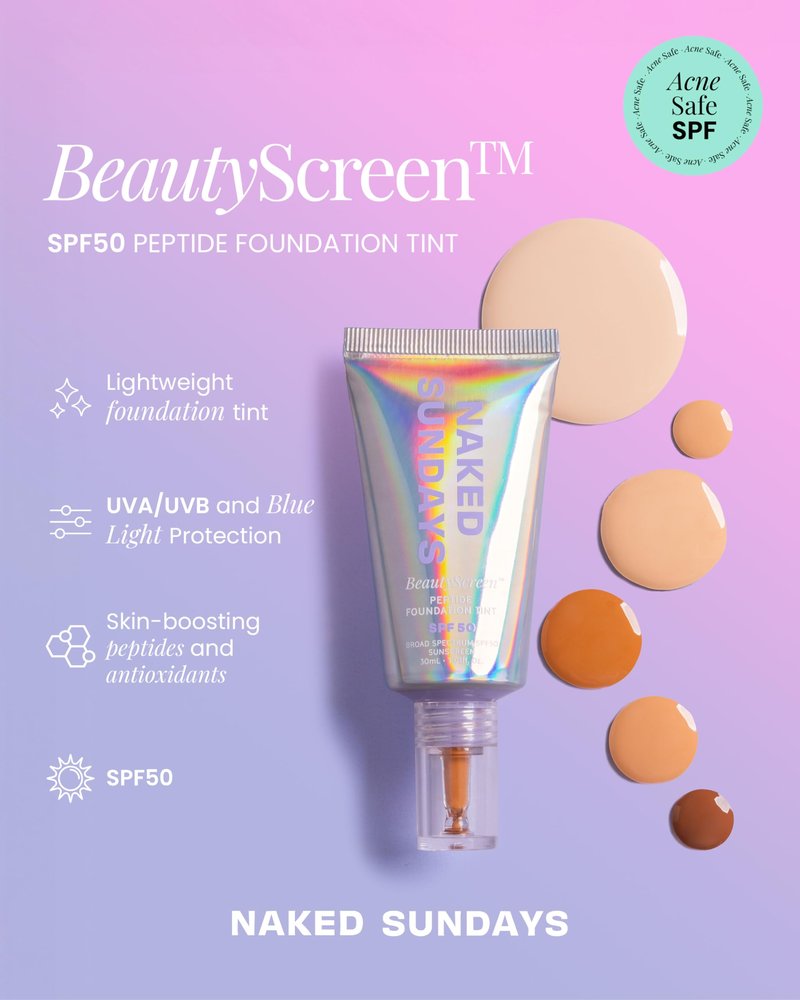 Naked Sundays BeautyScreen Peptide Foundation Tint - SPF 50 Tinted Sunscreen & Skincare Makeup with Zinc Oxide, Niacinamide - Lightweight Natural Coverage, 3.5 Light Medium Cool, 1.01 Oz