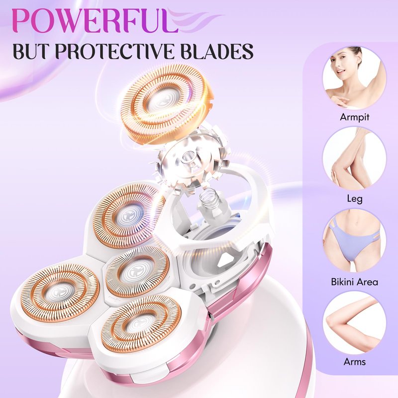 Electric Razors for Women Legs - Painless Body Shavers for Sensitive Skin - 5 in 1 Cordless Lady Trimmer for Women's Leg, Bikini and Face - Waterproof Wet/Dry Remover, Rechargeable, Fuchsia