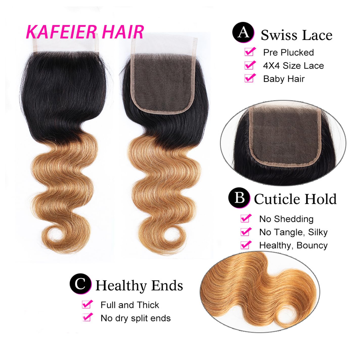 4x4 Lace Closure - 1B27 Ombre Body Wave Brazilian Human Hair Extensions | Pre-Plucked, Bleached Knots, 16 Inch