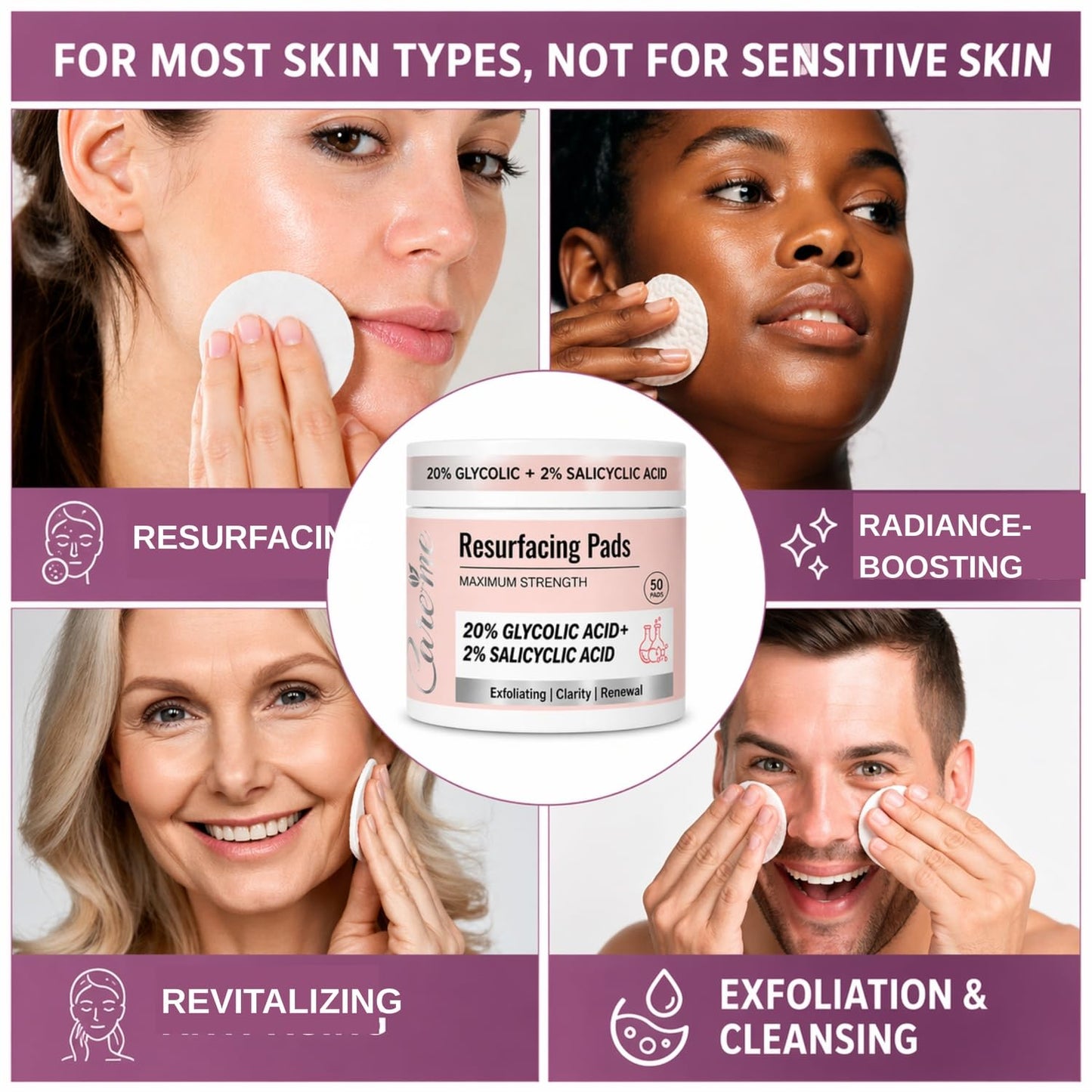 Glycolic Acid 20% + Salicylic Acid 2% Face Peel Pads (50 Count) – Facial Exfoliating Pads for Skin Renewal, Resurfacing, Refining and Revealing a Clearer, Smoother, Glowing Complexion