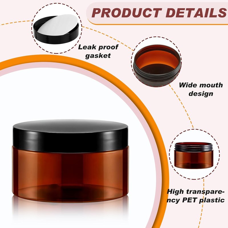 24 Pcs 8 oz Amber Plastic Jar Containers - Refillable Round PET Jars for Lotion, Cream, Makeup Storage | Ideal for Travel