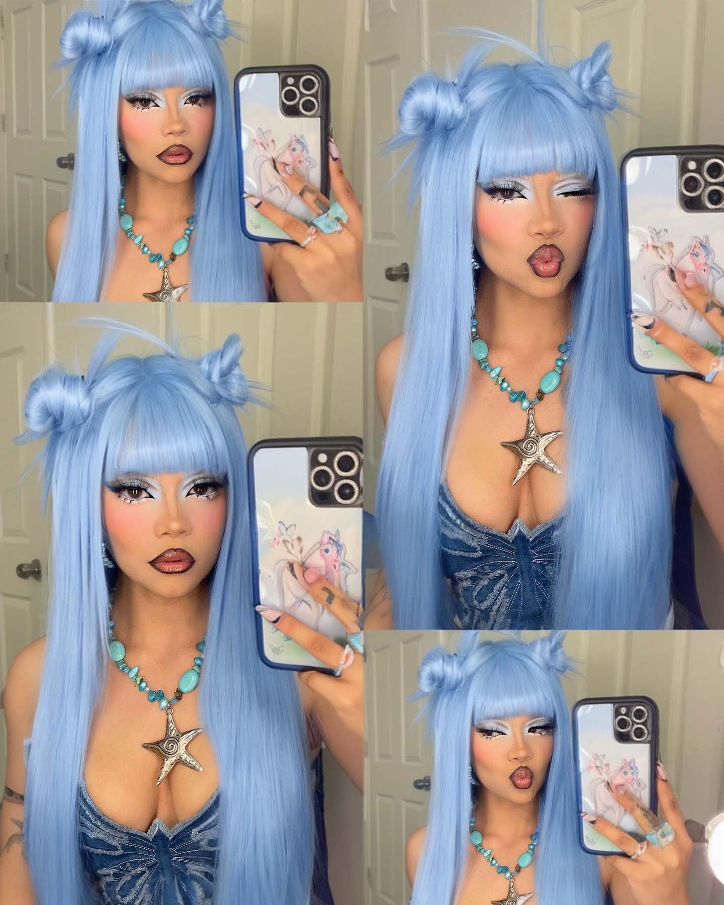 Lady Hanne Long Straight Wig With Bangs Light Blue Silky Straight Hair Wigs for Women 28 Inch Synthetic Heat Resistant Fiber Wig for Cosplay Daily Party Use