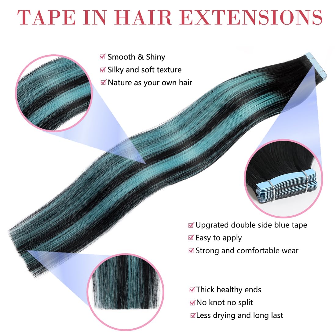 18 Inch Tape in Hair Extensions - 10 Pieces (2g/Piece) 100% Remy Human Hair - Includes Waterproof Tapes - Black Teal Green Balayage