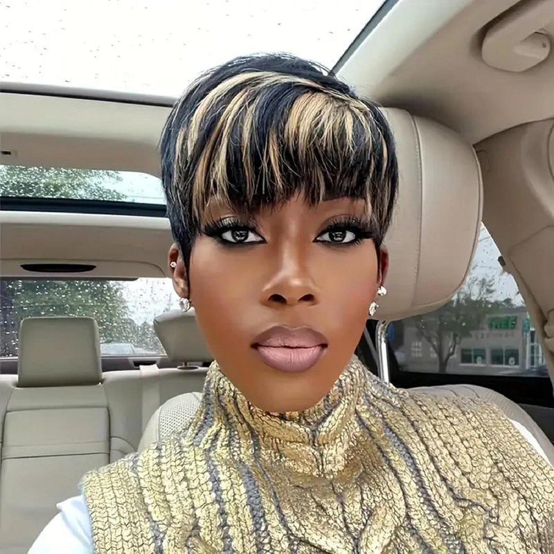Nigteye Short Pixie Cut Wig for Black Women Human Hair Black and Blonde Color Glueless Wig Pixie Cut Human Hair Layered Brazilian Virgin For Women