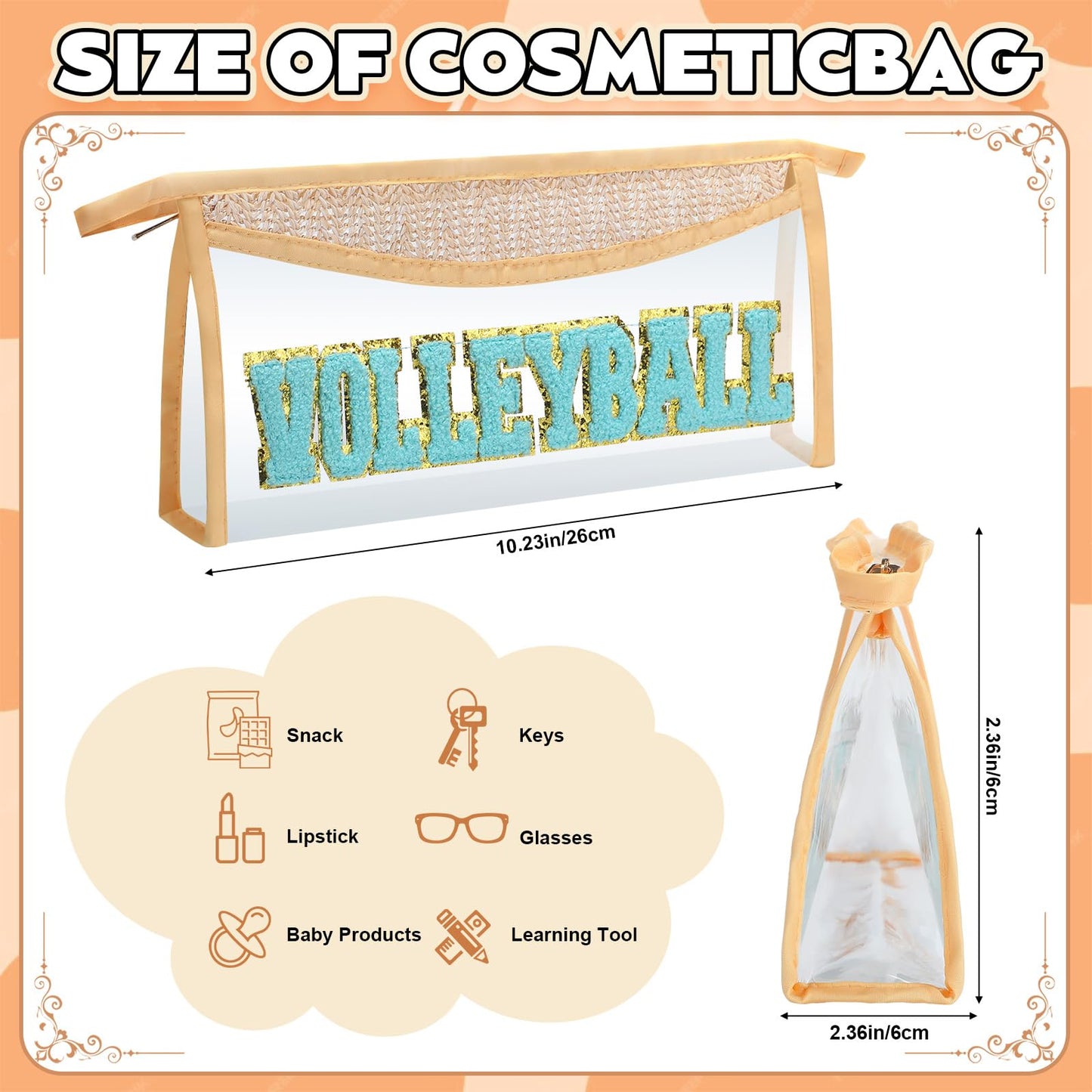 SilTriangle 6 Pcs Volleyball Makeup Bag for Women Christmas Straw Initial Letter Personalized Cosmetic Bag Cute Chenille Makeup with Zipper Travel Toiletry Gift for Women Girls Birthday Friend