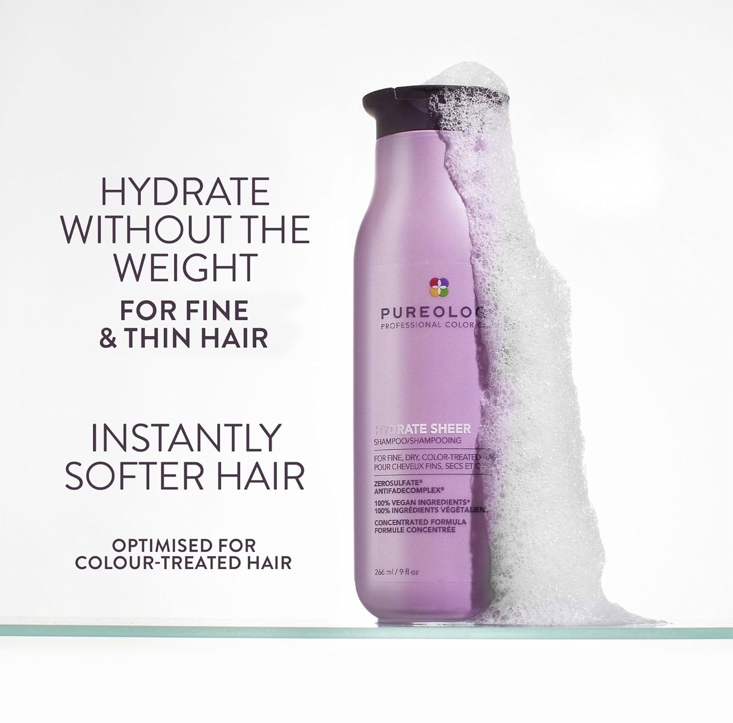 Pureology Hydrate Sheer Shampoo - Lightweight Hydrating Formula for Fine, Dry Color-Treated Hair | Silicone-Free & Vegan