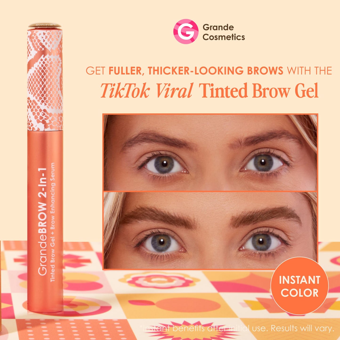 Grande Cosmetics GrandeBROW 2-in-1 Tinted Brow Gel + Brow Enhancing Serum for Thicker & Darker-Looking Eyebrows, Shape & Fill Brows, with Castor Oil & Mini Fibers - Dark, Full Size (0.12 fl oz)