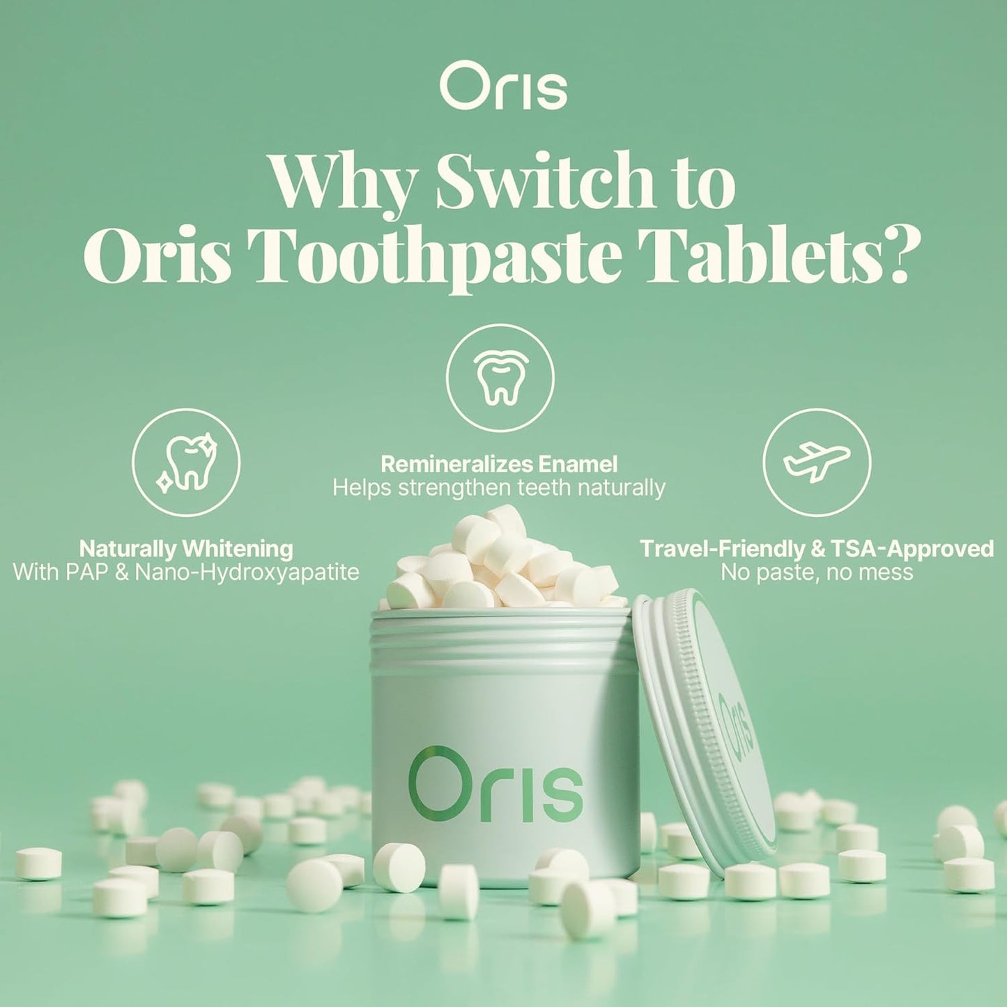 Oris Natural Toothpaste Tablets - Hydroxyapatite Enamel Remineralization | Kid-Friendly Spearmint - 62 Count
