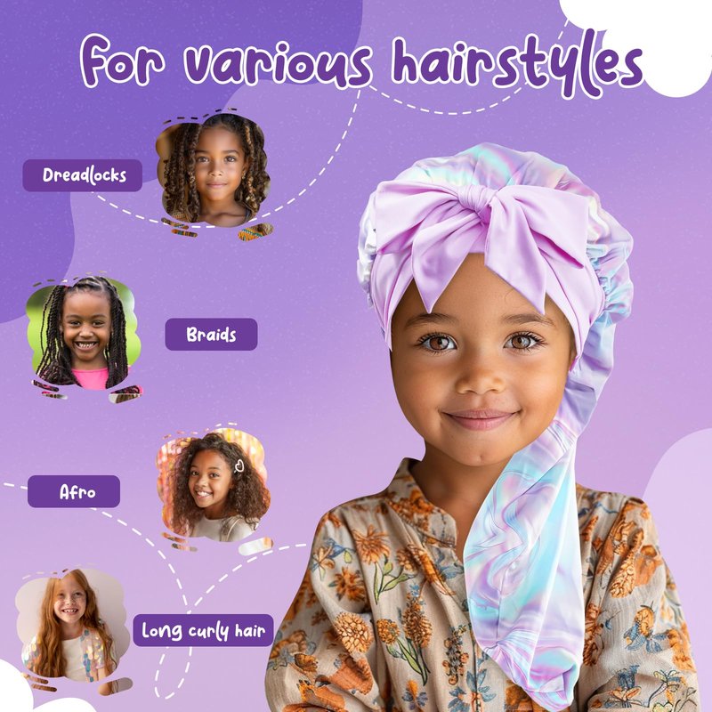 Lolalet Kids Bonnets for Girls, Long Silk Bonnet for Sleeping Kids Satin Bonnet Cap with Tie Band for Dreadlocks Braid Afro Curly Hair -2 PCS, Laser & Purple