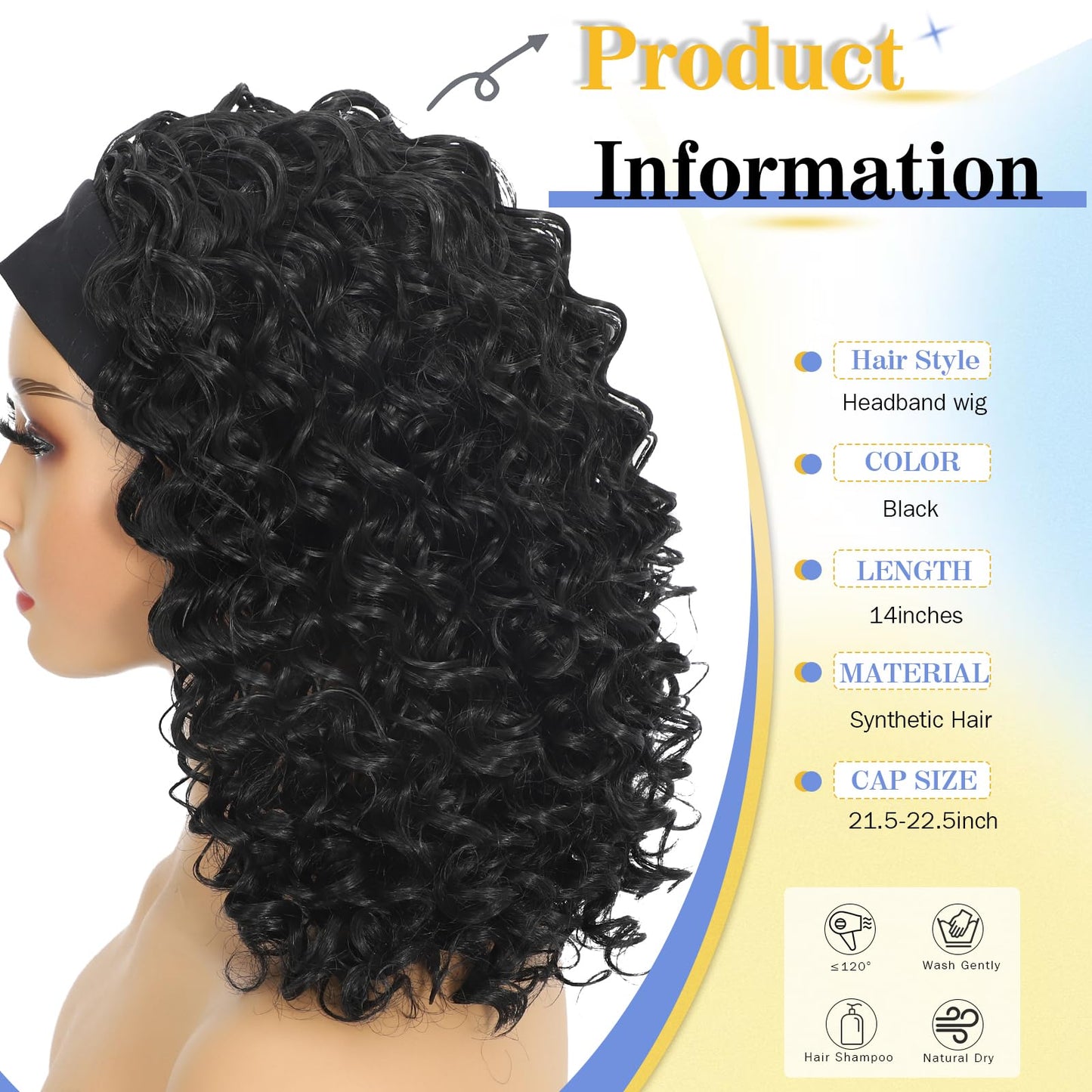 Usweety Headband Wigs Curly Short Deep Wave Wig 14 inches Synthetic Headband Wig for Women No Lace Wig Natural Color Bob Headband wig for Daily Use