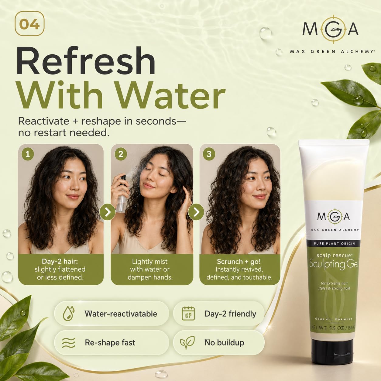 Max Green Alchemy MGA Vegan Sculpting Hair Gel Tube - Extreme Styling Hair Gel for Women & Men | Organic Formula of Styling Products Provide Strong Hold & Lasting Control | Color Safe | 5.5 Ounces