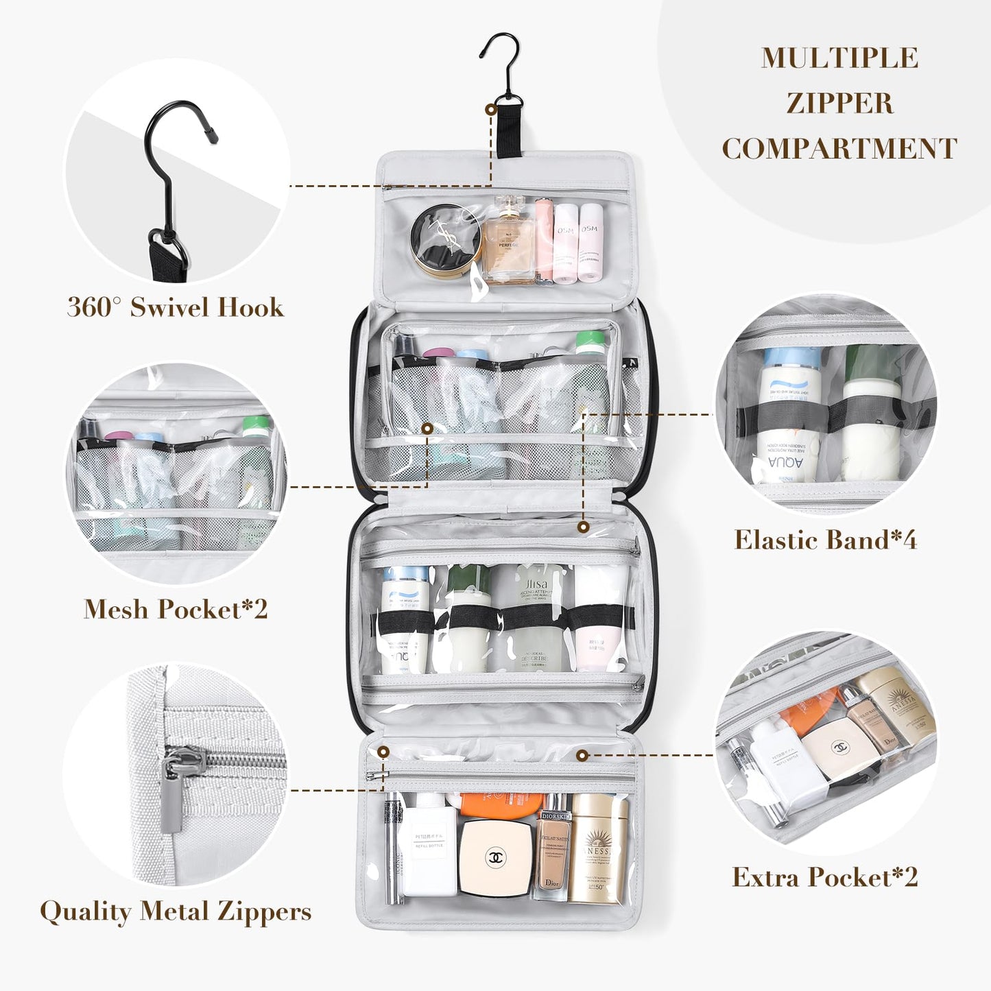 GOLF QUALITY Travel Toiletry Bag with Jewelry Organizer, Hanging Toiletry Bag for Toiletries Puffy Cosmetic Make up Bag Organizer Carry-on Travel Accessories Essentials,Black