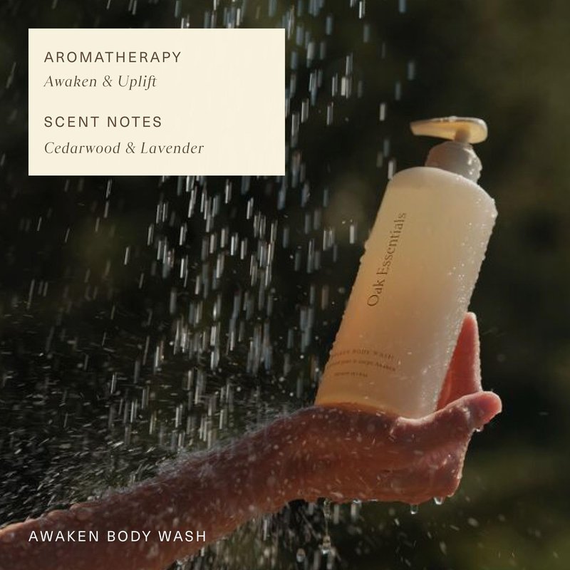 Oak Essentials Awaken Body Wash, Luxury Hydrating Shower Gel with Lavender Oil, Cedarwood Oil and Rice Bran Extract, Gentle Cleanser for Women, Ideal for Dry Skin, 10.1 Fl Oz
