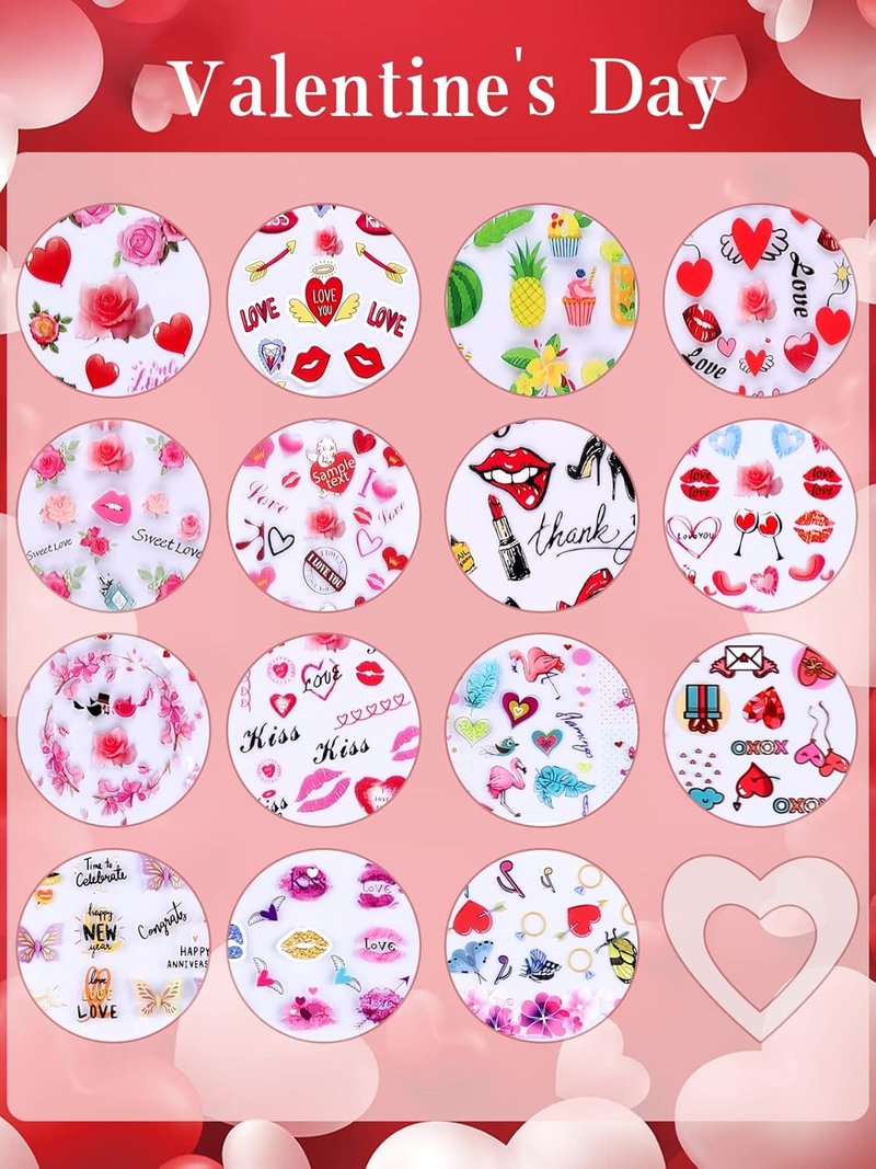Colorful Nail Foil Decals - 30 Rolls of Valentine's Day Transfer Stickers | Heart, Flower & Lips Designs for DIY Nail Art