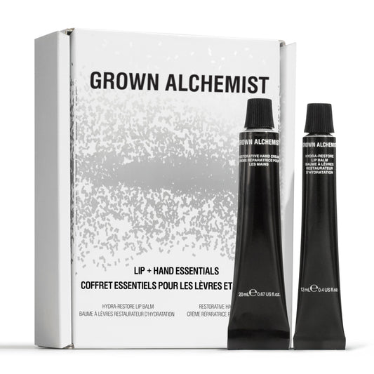 Grown Alchemist, Lip + Hand Essentials Holiday Gift Kit. Hydra-Restore Lip Balm (12 mL) & Restorative Hand Cream (20 mL). Natural Hydration Duo