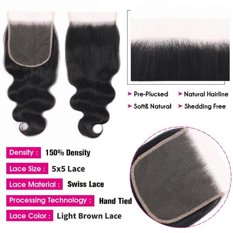 5x5 Transparent HD Lace Closure - Body Wave Human Hair, Pre-Plucked, Natural Black | 16 Inch
