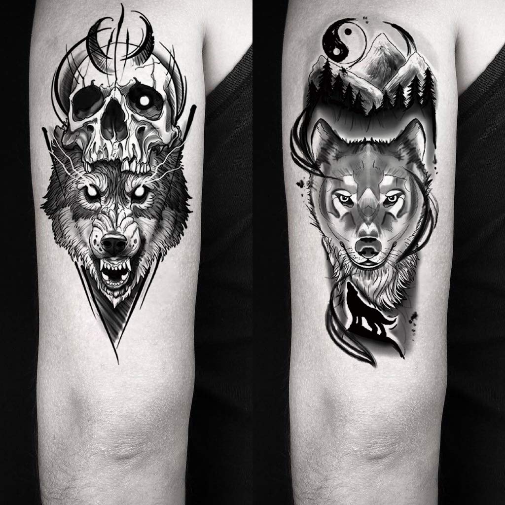 Oottati 8 Sheets Wolf Taichi Totem Skull Moon Forest Flower Arm Leg Temporary Tattoo