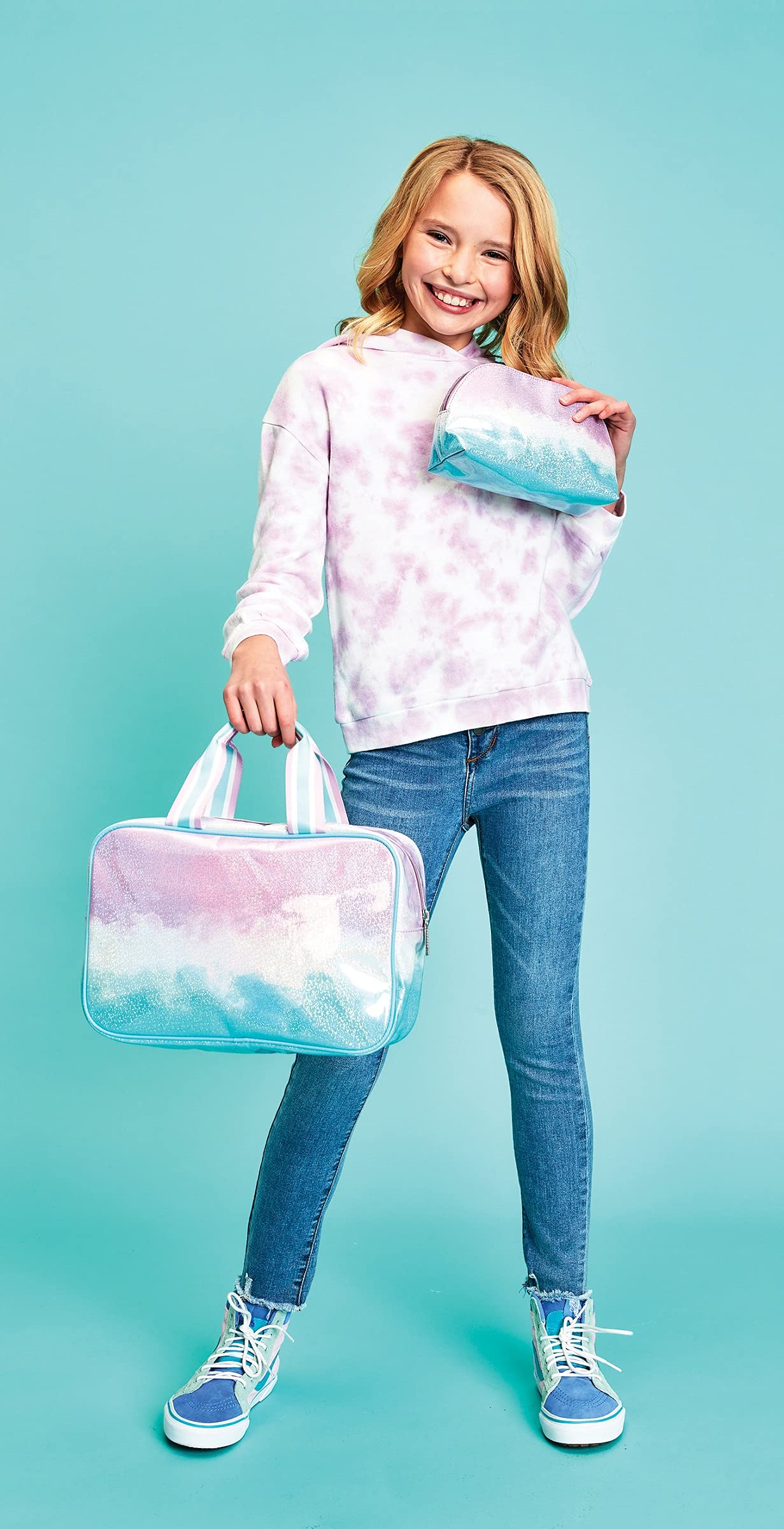 iscream 8.25" x 5" Faux Glitter Patent Leather Fully Lined Wide Zipper Opening Cosmetic Bag - Pink & Blue Ombre