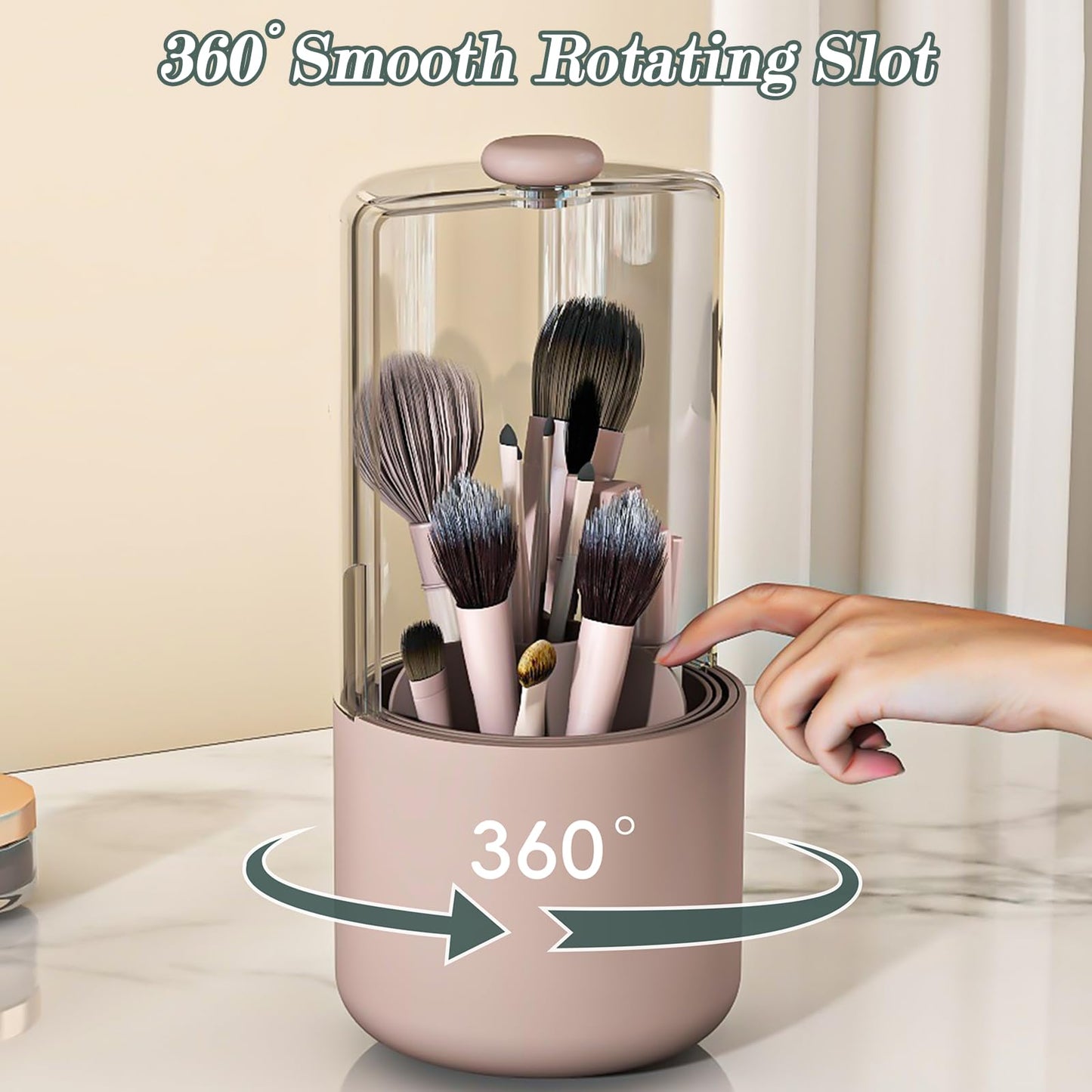 Zufudo Makeup Brush Holder with Dustproof Cover, Clear 360 Rotating Make Up Brushes Organizer for Counter Vanity Bathroom, Pink