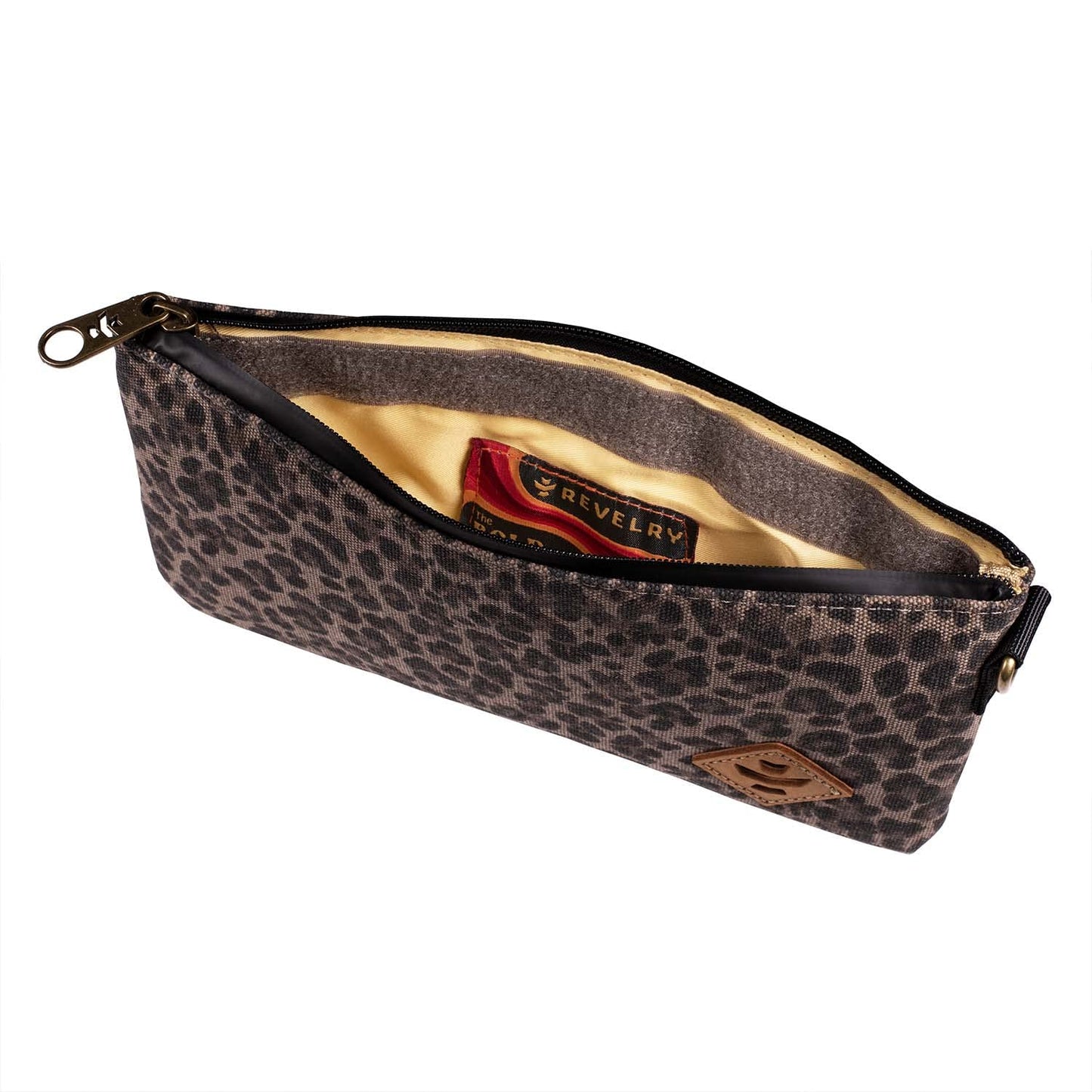 Revelry Supply Broker - Water Resistant, Padded, Lockable, Pocket Size Bag, Pouch With Carbon Filter System 11” x 6" - 0.5L (Leopard)