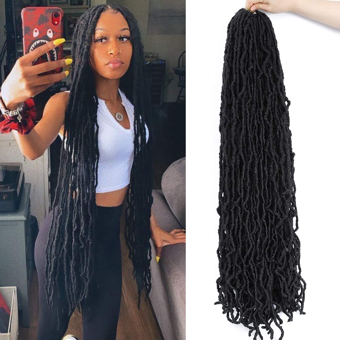 Nescorner 36Inch Soft Locs 6packs Super Long Goddess Locs Crochet Hair Natural Pre Looped Natural Faux Locs Crochet Braid Curly Wave Braiding Hair（36inch #1b 6packs)