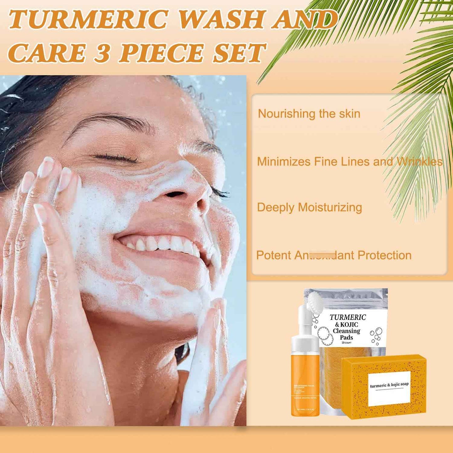 4Pcs Turmeric Wash and Care Three Piece Set,Tuemeric Facial Cleanser & Turmeric Soap Bar & Turmeric Face Scrub Pads,Face & Body Cleanser,Turmeric Cleansing Skincare Set, Deep Cleansing