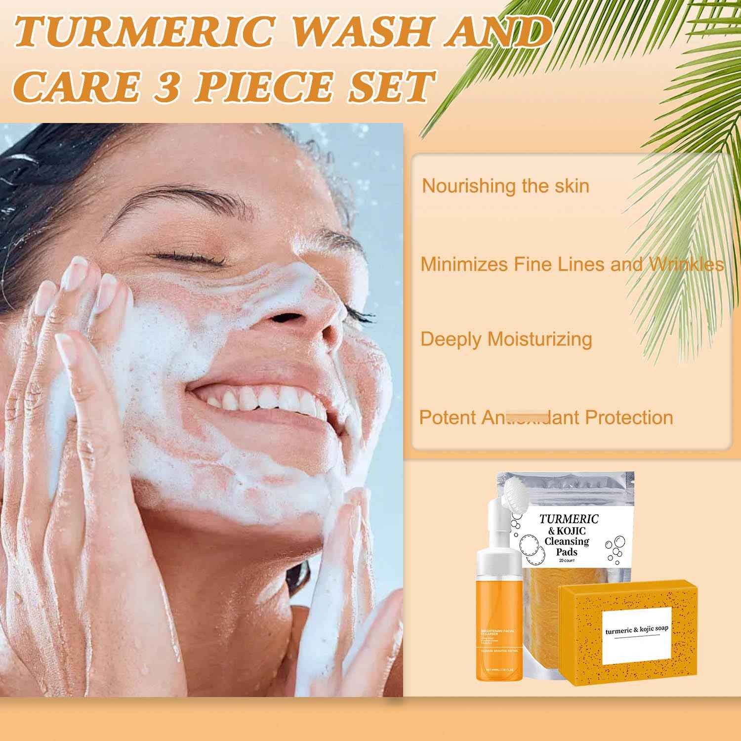 4Pcs Turmeric Wash and Care Three Piece Set,Tuemeric Facial Cleanser & Turmeric Soap Bar & Turmeric Face Scrub Pads,Face & Body Cleanser,Turmeric Cleansing Skincare Set, Deep Cleansing