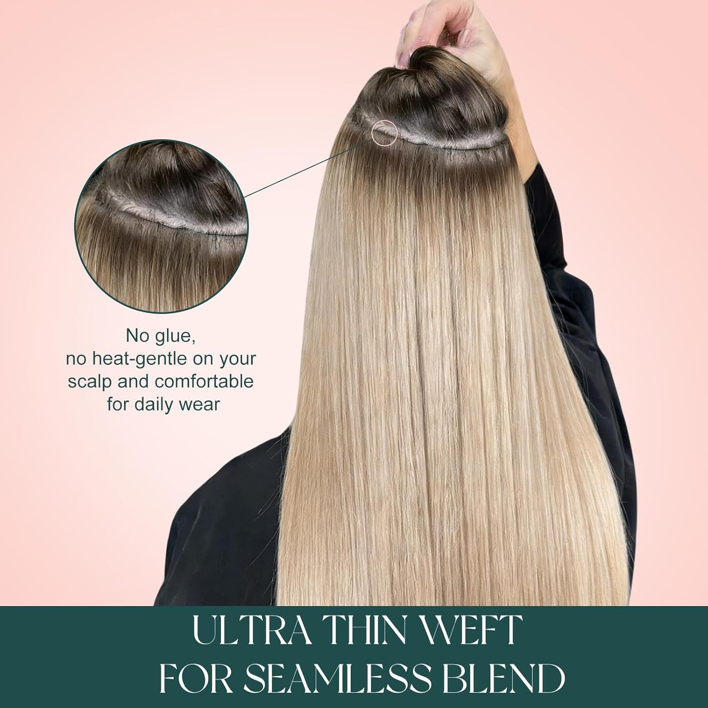 Human Hair Weft Extensions - Seamless Ash Blonde Highlights | 14 Inch, 70G Smooth Texture