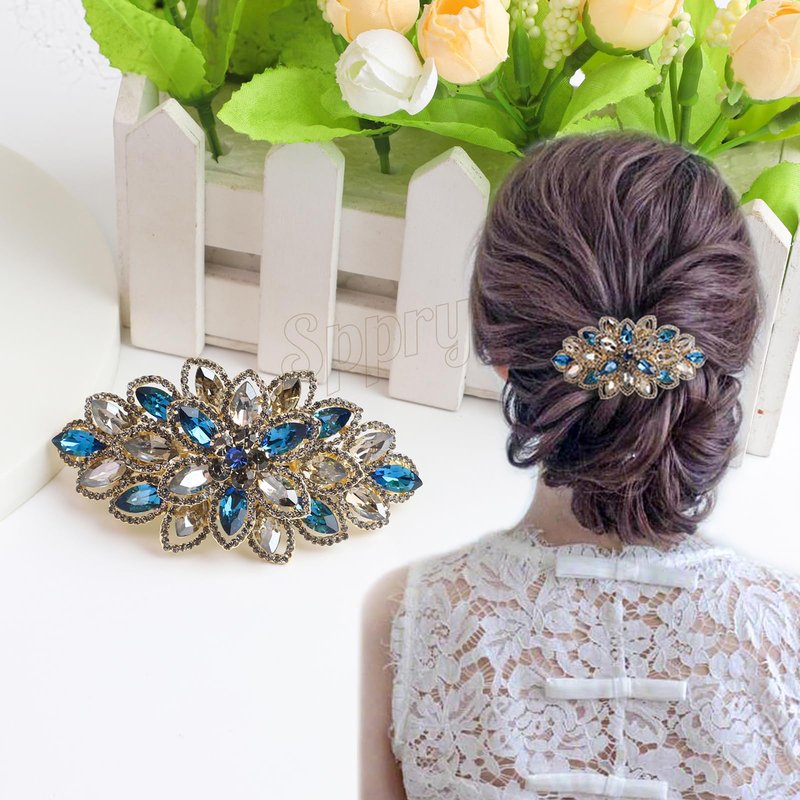 Sppry Luxury Gold-plated Rhinestone Hair Barrette for Women, Large Flower Jewelry Design (Navy)