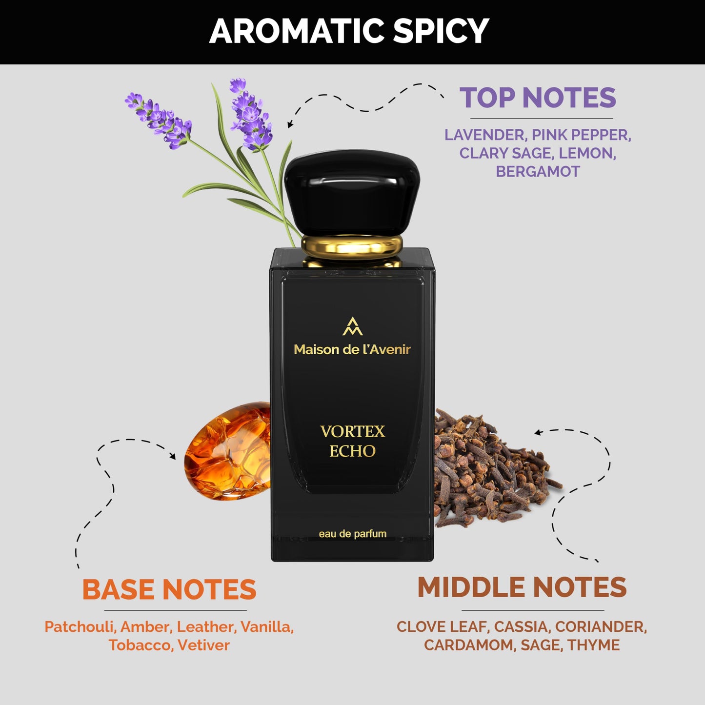 Maison de l'Avenir Vortex Echo Eau de Parfum for Men & Women, Unisex Aromatic Spicy Fragrance, Natural & Essential Oils, Long-Lasting Cologne Perfume, (12 Hours) 100 ml (3.4 fl oz)
