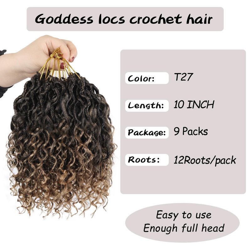 Vemet Goddess Locs Crochet Hair,10 Inch 9 Packs Synthetic Faux Locs Crochet Hair for Black Women,River Locs Hair Extensions Boho Style Pre looped Faux Locs with Curly Ends