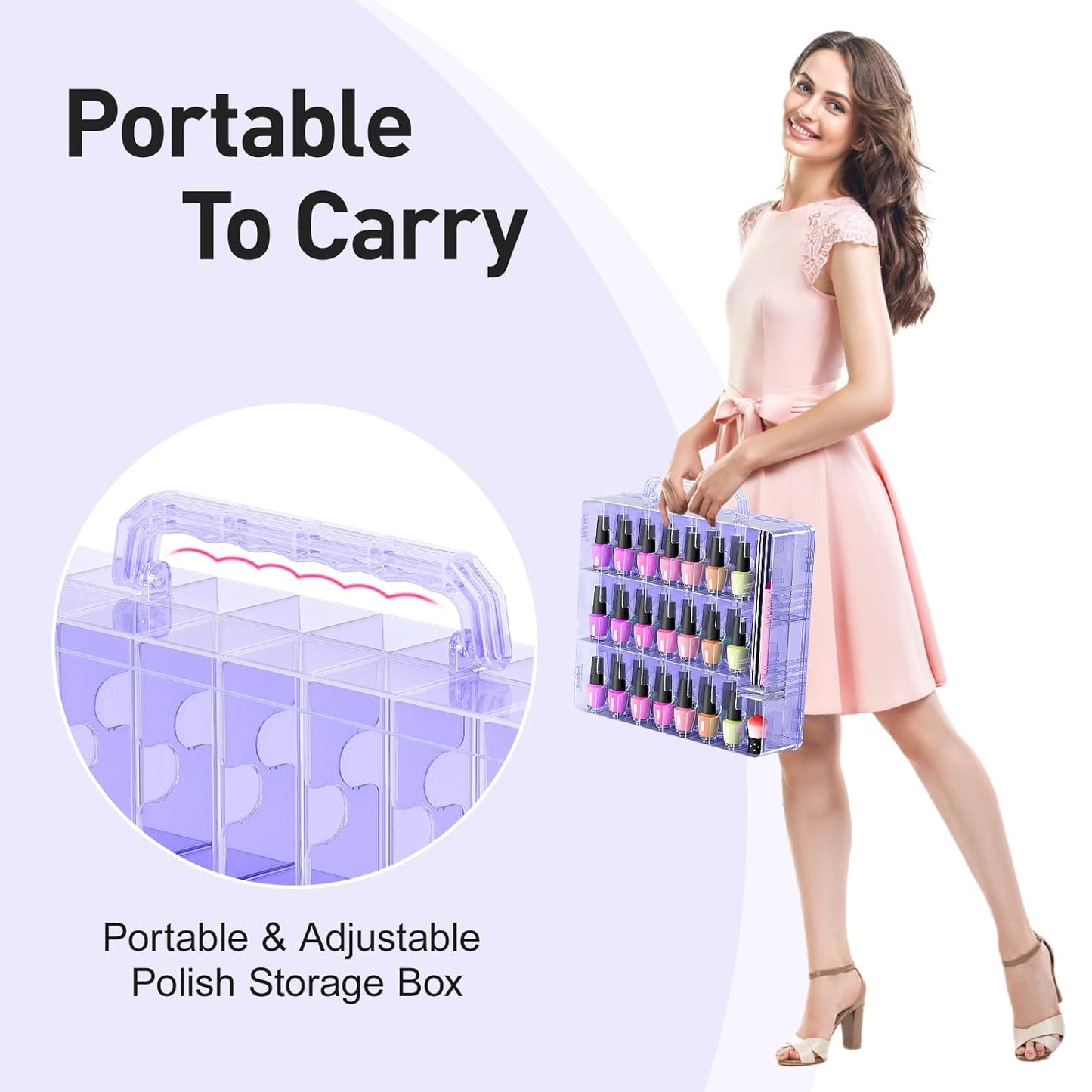 Nail Polish Organizer Case for 48 Bottles - Adjustable Divider, Double-Sided Storage | Purple