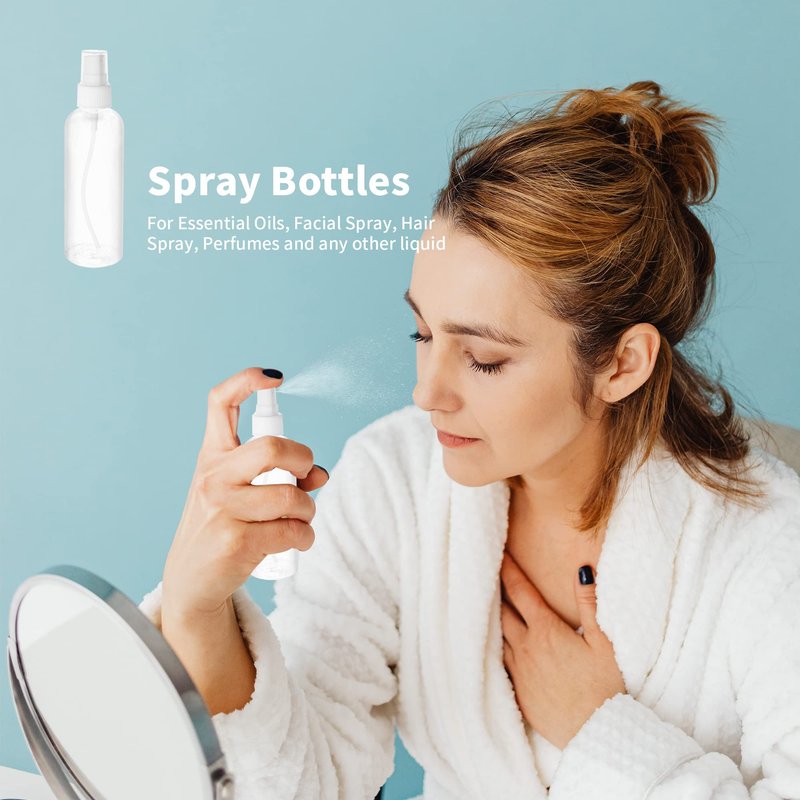 KEJJNYER 36 Pack 4oz Plastic Spray Bottles Bulk, Mini Clear Spray Bottles Fine Mist, 120ml Empty Spray Bottle for Travel Perfume Essential Oils Makeup Bottles (10 Funnel, 10 Labels)