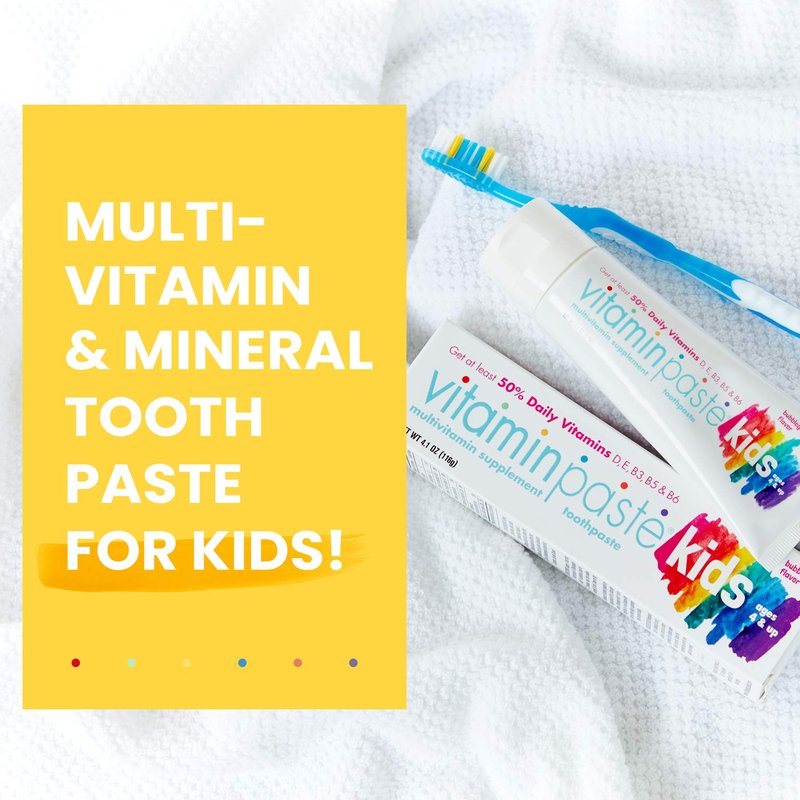 Vitaminpaste Kids Toothpaste with Daily Multivitamins B3, B5, B6, D, E, Xylitol, Calcium, Fluoride Free, Fresh Breath, Fights Tarter, Anti-Cavity, Safe to Swallow, 4.1oz, Bubble Gum Flavor, 2-Pack