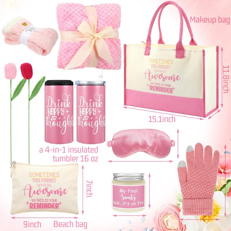 Zopeal Mother's Day Set Appreciation Gift for Women 10 Pcs Self Care Gift Feel Better Soon Gifts Package with Tote Bag Makeup Bag Sock Tumbler Flower Gloves Candle Blanket Eye Mask for Mom Wife