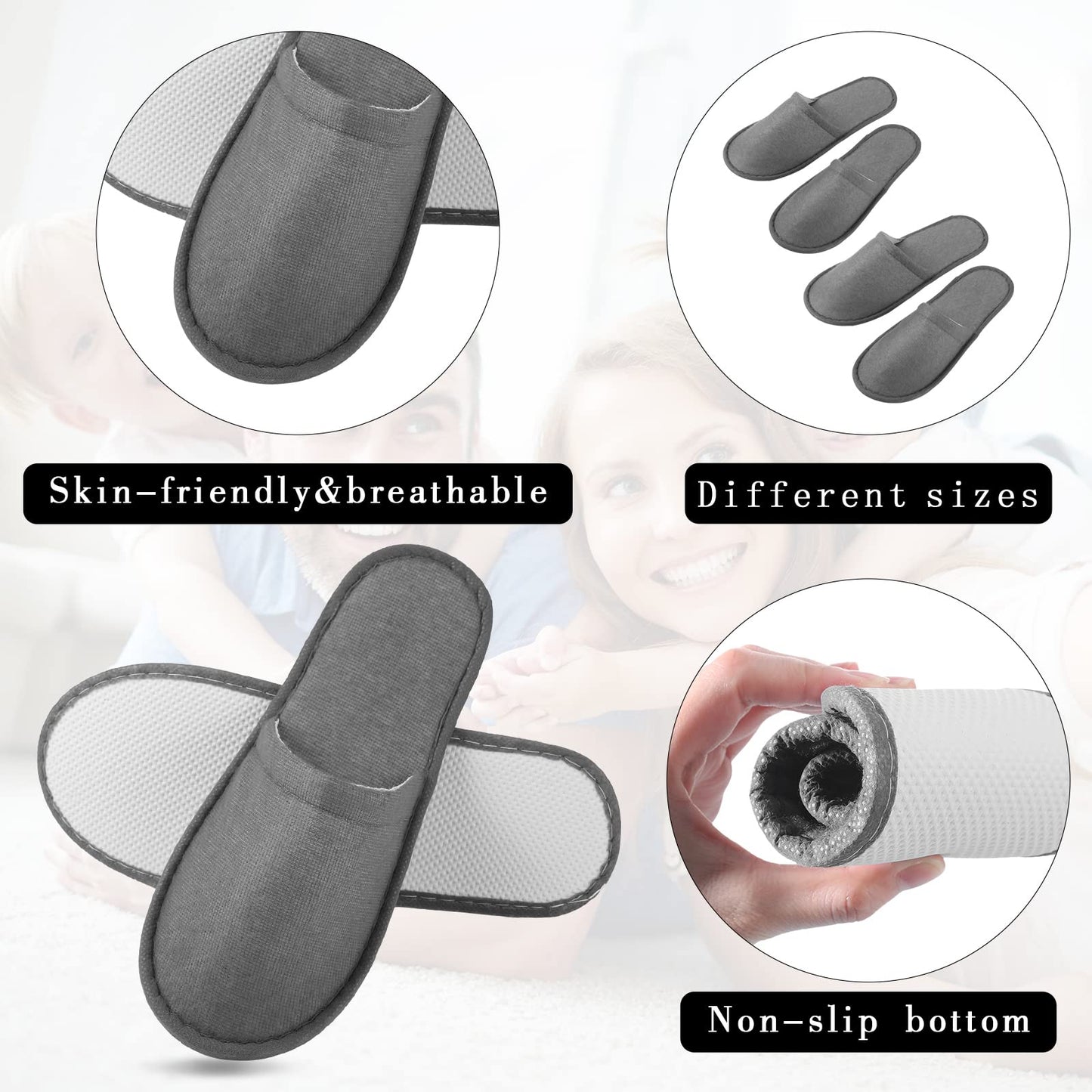Geyoga 30 Pairs Disposable Spa Slippers for Guest Non Slip House Hotel Closed Toe Indoor Slipper for Men Women Home Wedding Travel, 2 Size(Gray)
