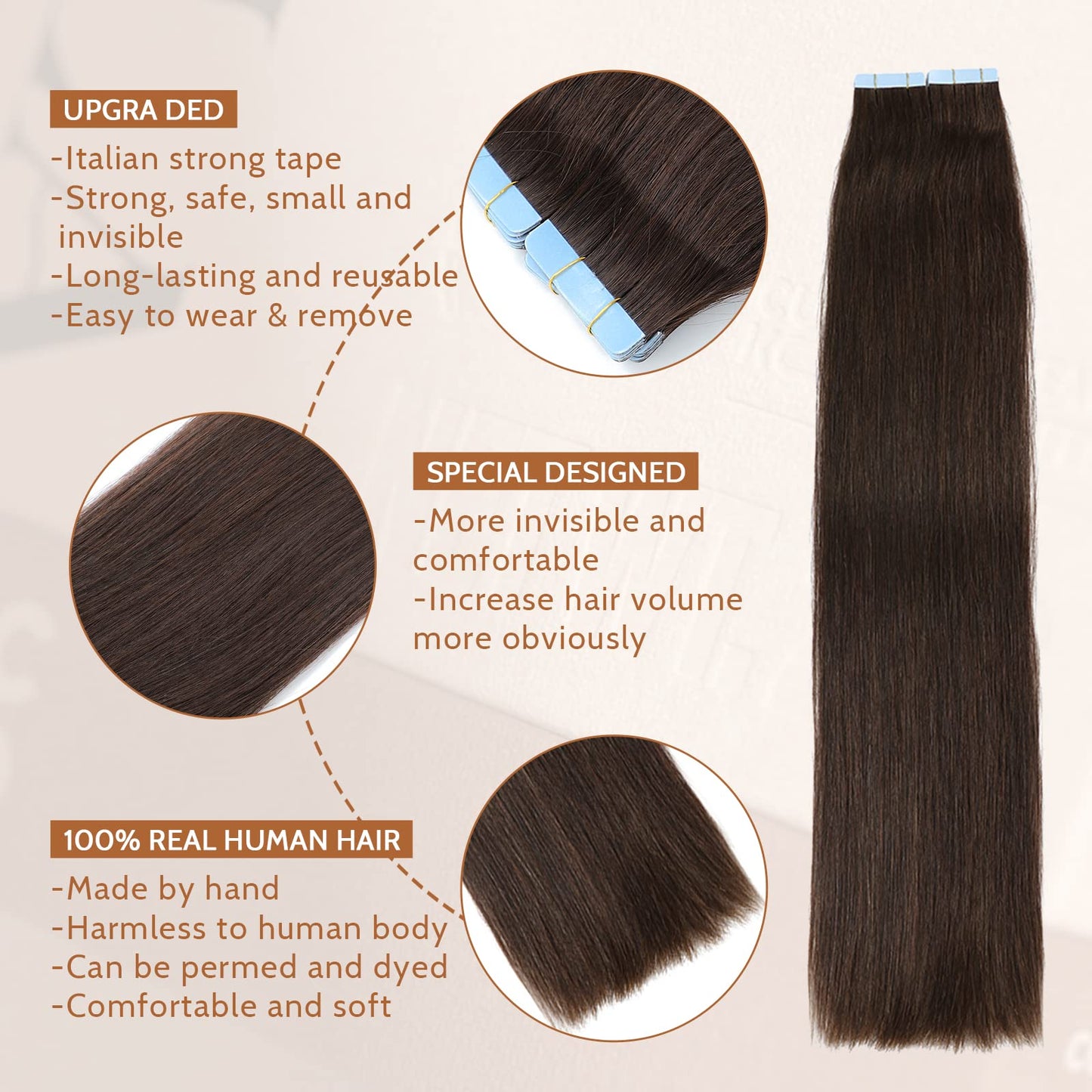 Hair Extensions Tape in Dark Brown Remy Human Hair 20pcs 50g/pack Silky Straight Seamless Skin Weft Glue in Hair Extensions 18 inches