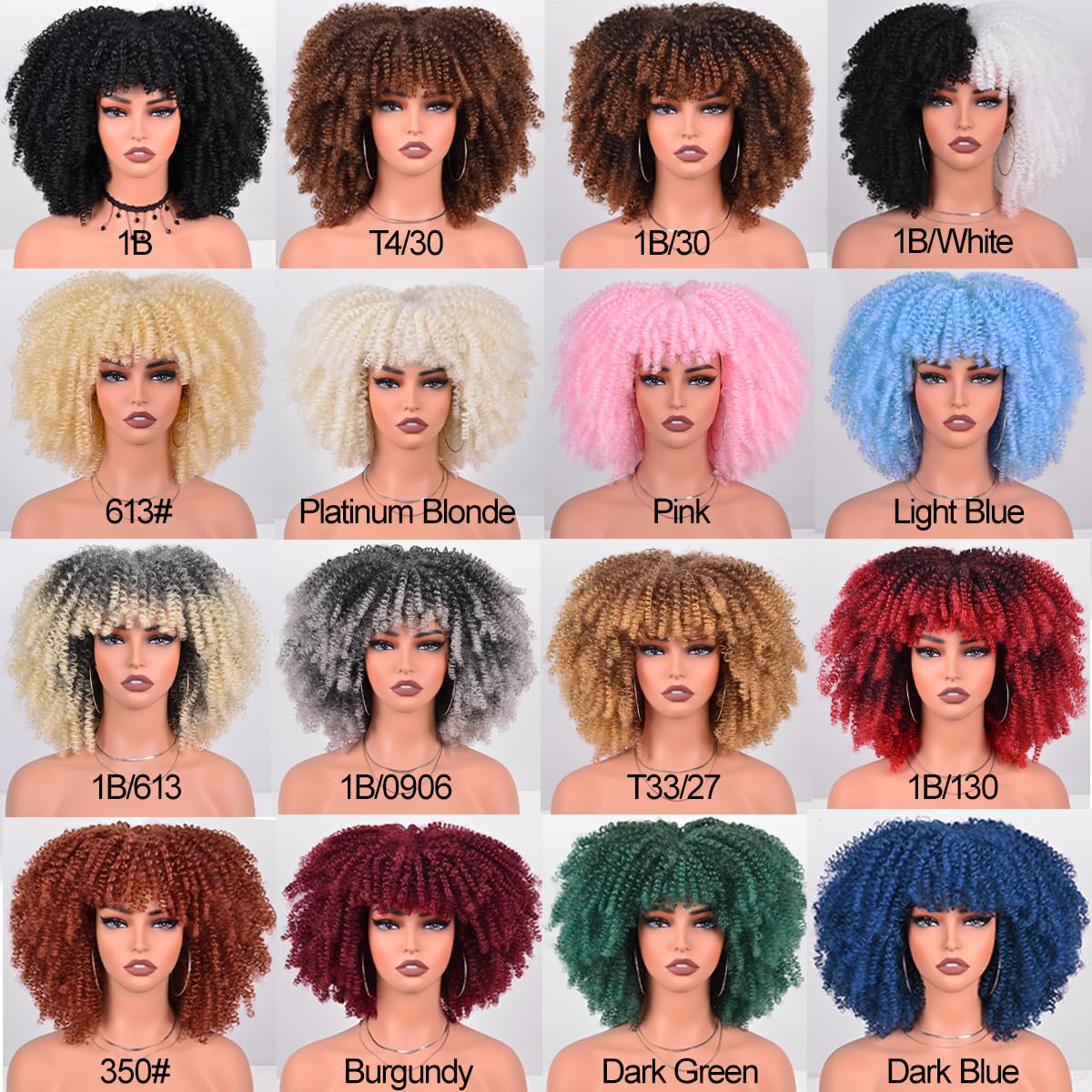 Afro Curly Wig with Bangs Short Kinky Curly Synthetic Wig for Black Women