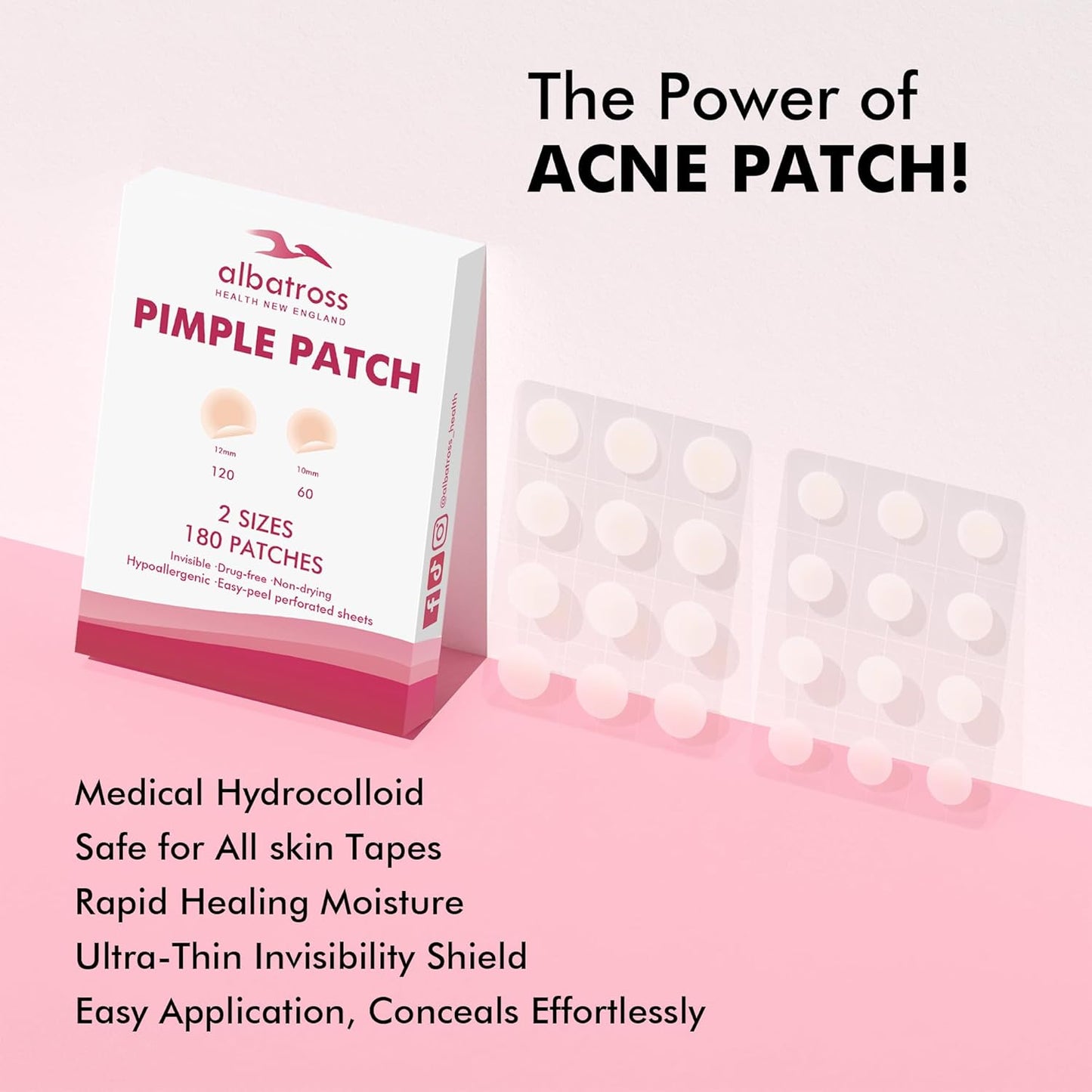 Albatross Health New England Invisible Pimple Patches for face, plain Hydrocolloid Acne Patches, HSA FSA eligible, Spot Dots Cover, Zit Blemish Patch, 2 Sizes 180 Counts