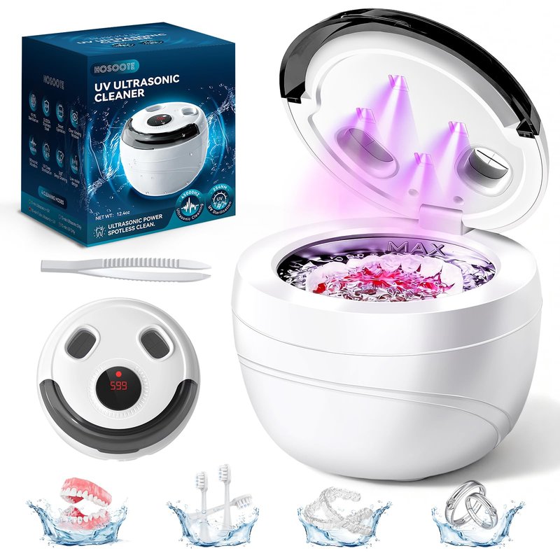 Hosoote Ultrasonic Retainer Cleaner Machine - 45kHz dental pod ultrasonic cleaner for retainers, Denture, Mouth Guard, Aligner, Braces - Denture cleaner machine with 4 Modes & Digital Timer
