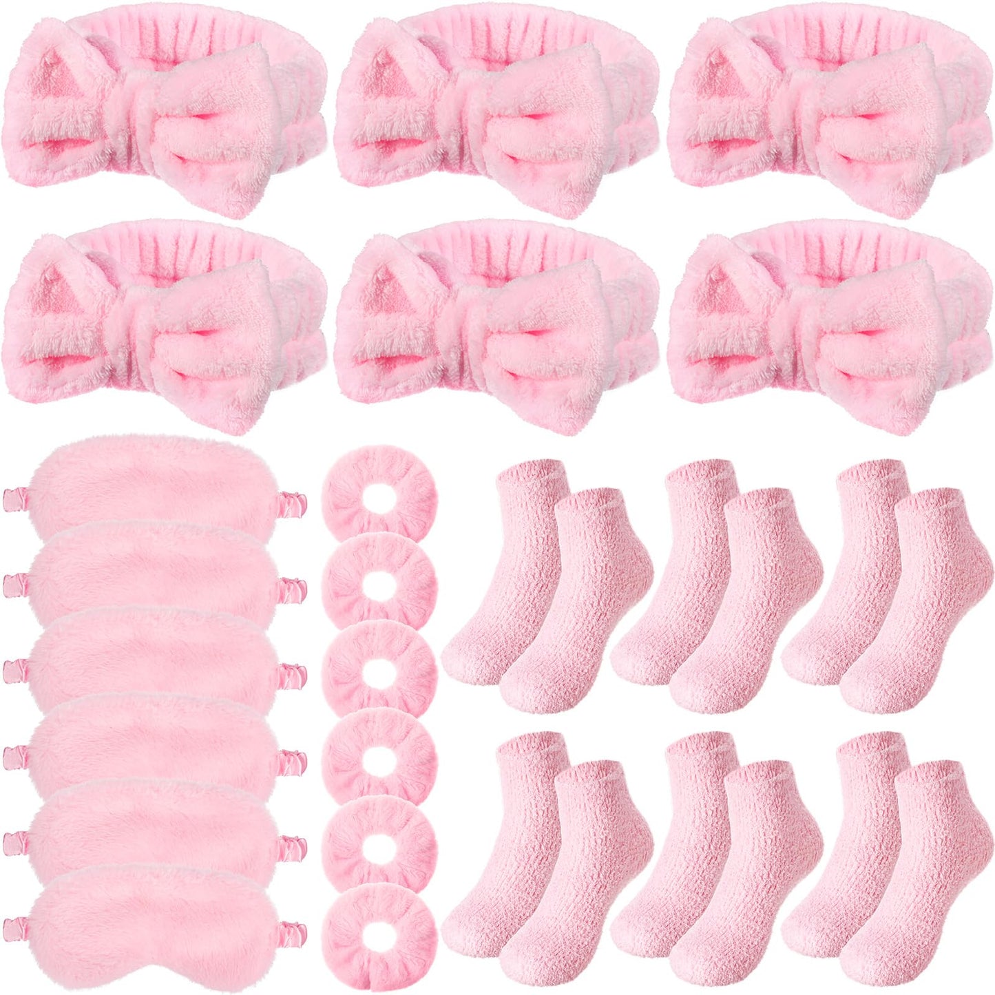 Shyyween 30 Pieces Galentine Spa Sleepover Party Supplies 6 Pink Bow Headband 6 Plush Sleep Eye Mask 6 Velvet Scrunchies 6 Pair Fuzzy Sock for Spa Slumber Party Favors Valentine Gift