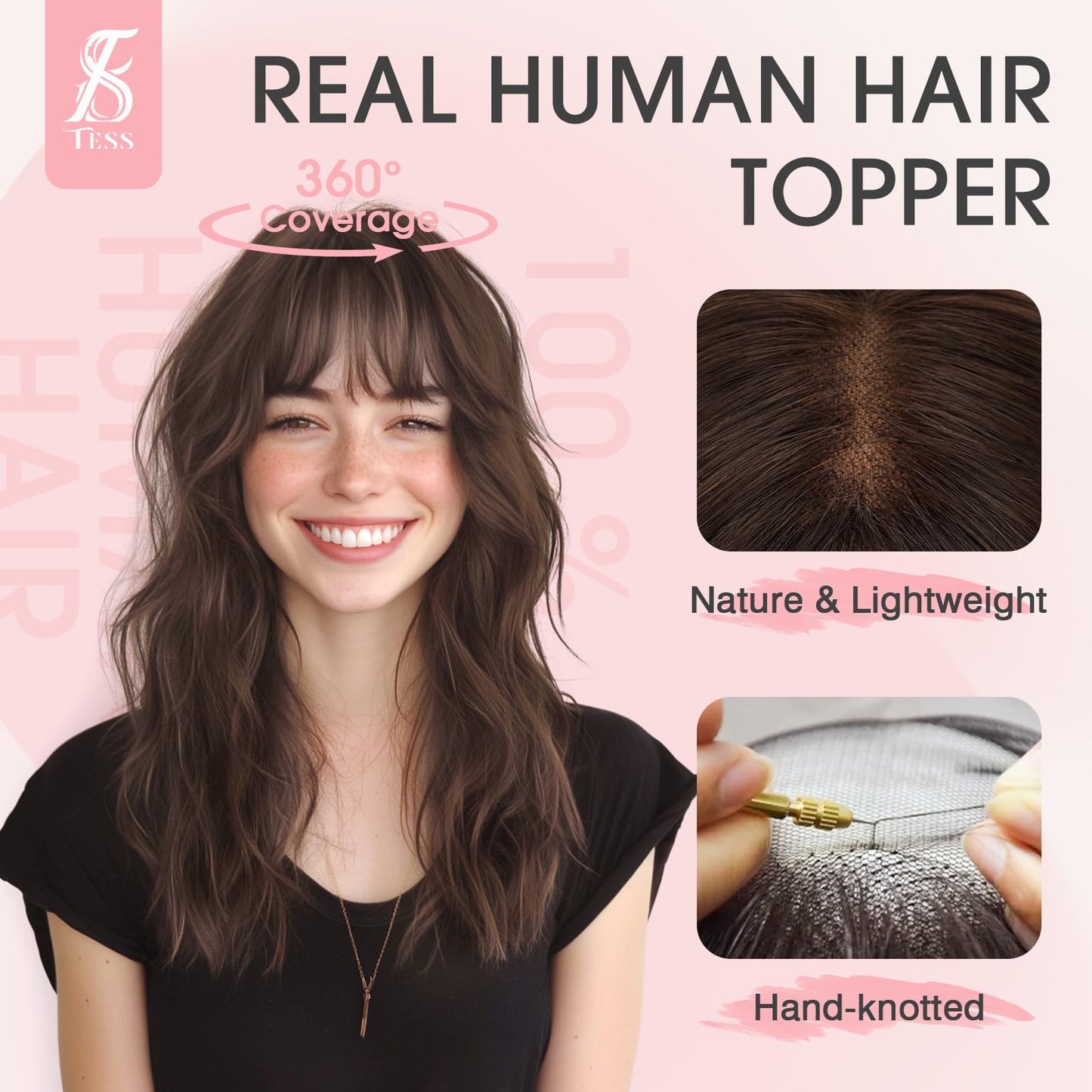 TESS Hair Toppers for Women Real Human Hair, 11Inch 360° 3D Cover Human Hair Topper with Bangs Clip in Hairpieces for Women Daily Wear Clip in Wispy Bangs Dark Brown
